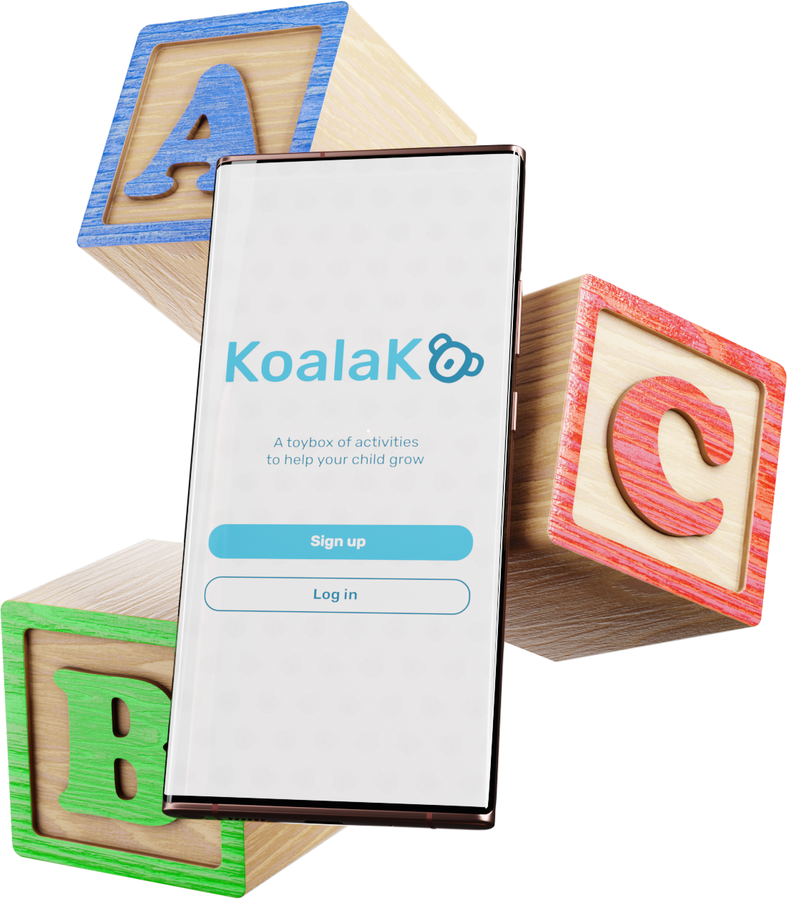 3D rendering of a phone with an app called 'KoalaKo' open on the screen