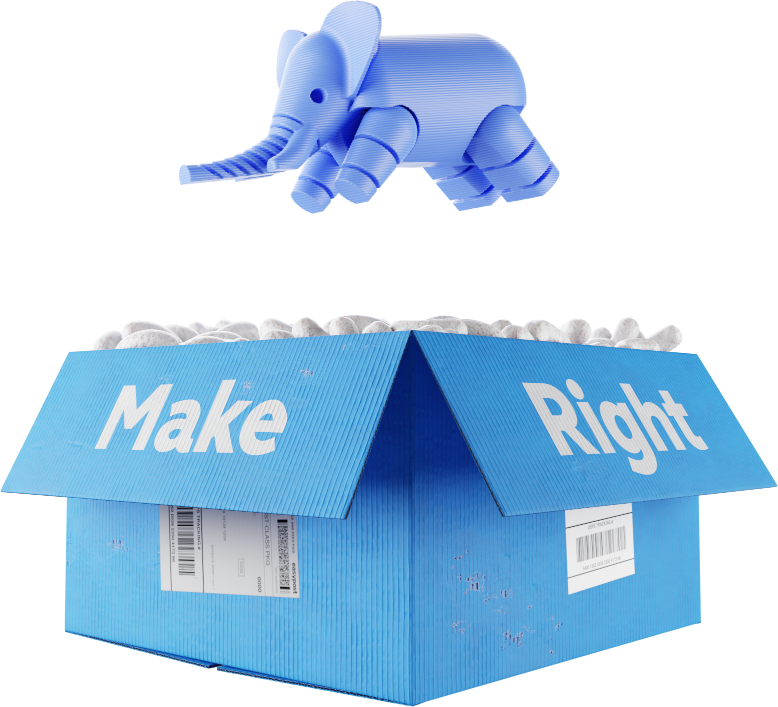 3D printed plastic elephant diving into a cardboard box