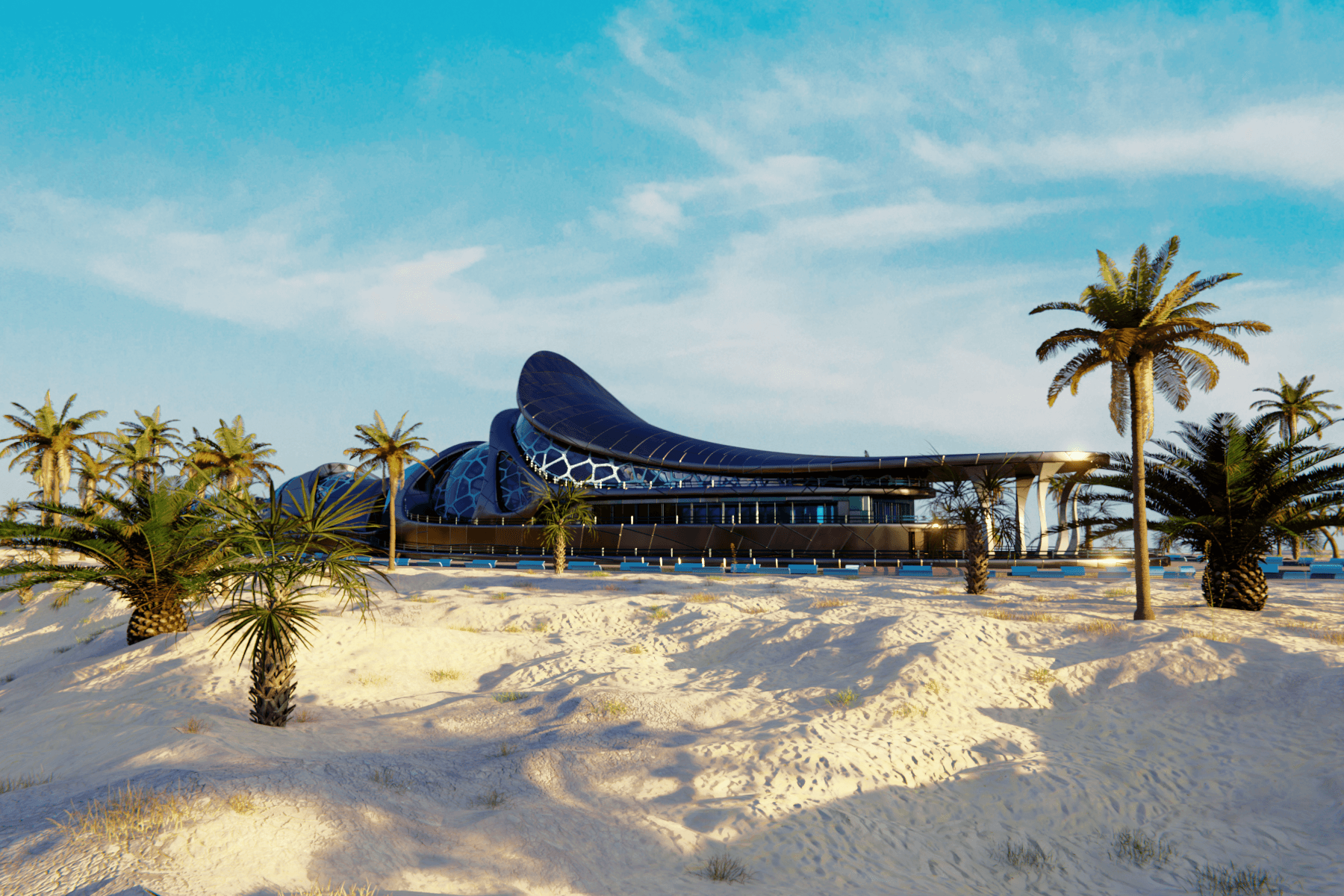 A 3d rendering of an intricate abstract, black and blue metalic futuristic building on a tropical island beach surrounded by palm trees