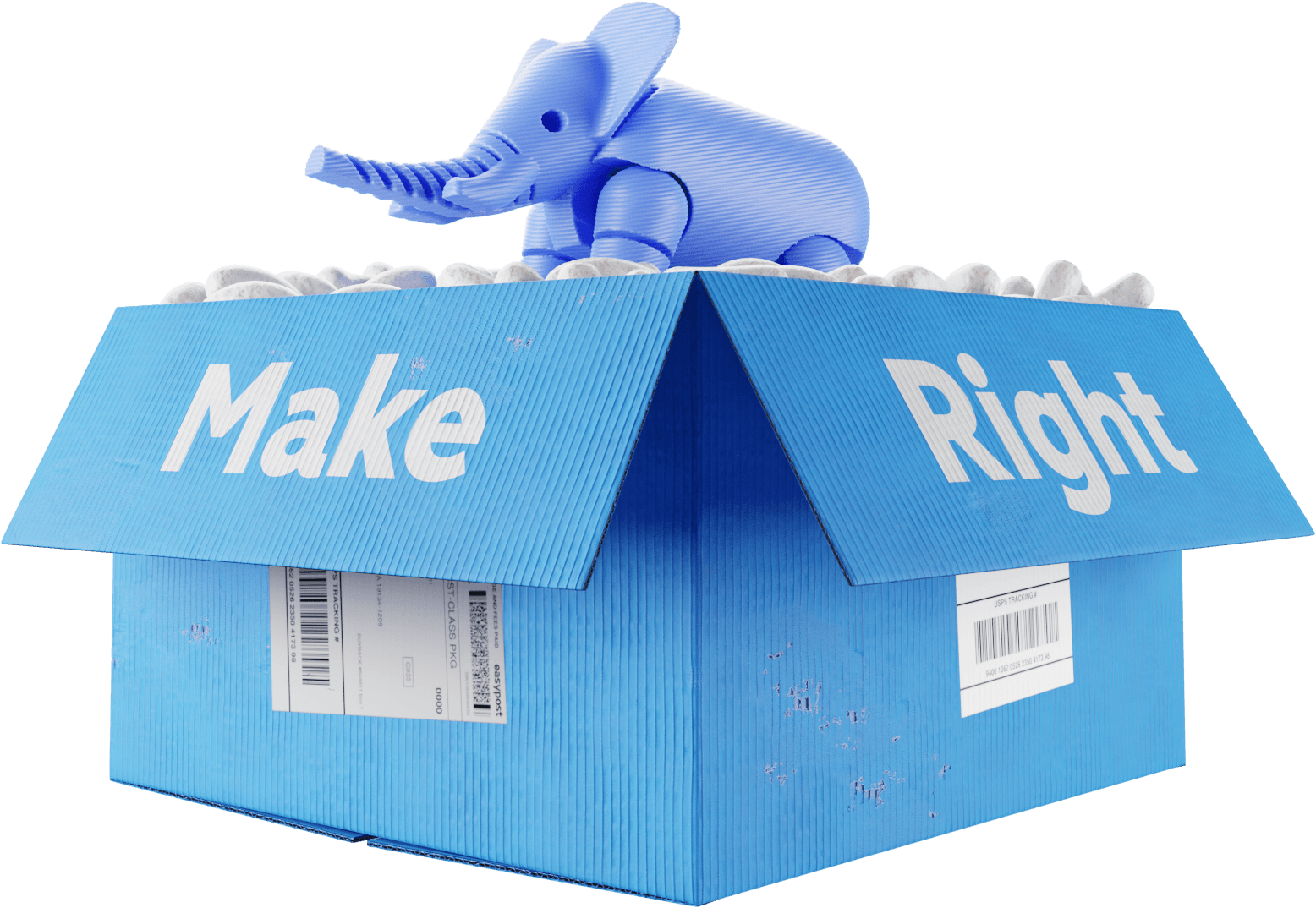 3D printed plastic elephant sitting in a cardboard box