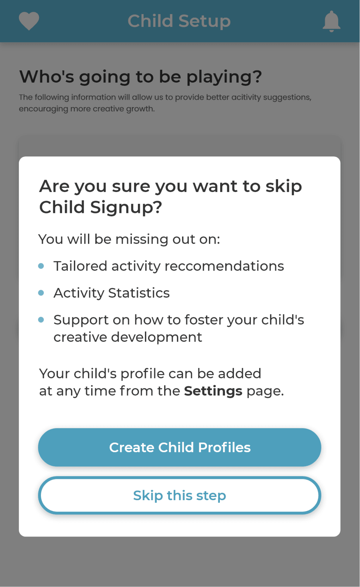 KoalaKo app screenshot showing a message asking if you'd like to proceed without setting up a child profile. This requires no personal information about your child, and enables the app to better reccomend activities and games while also tracking creative development.