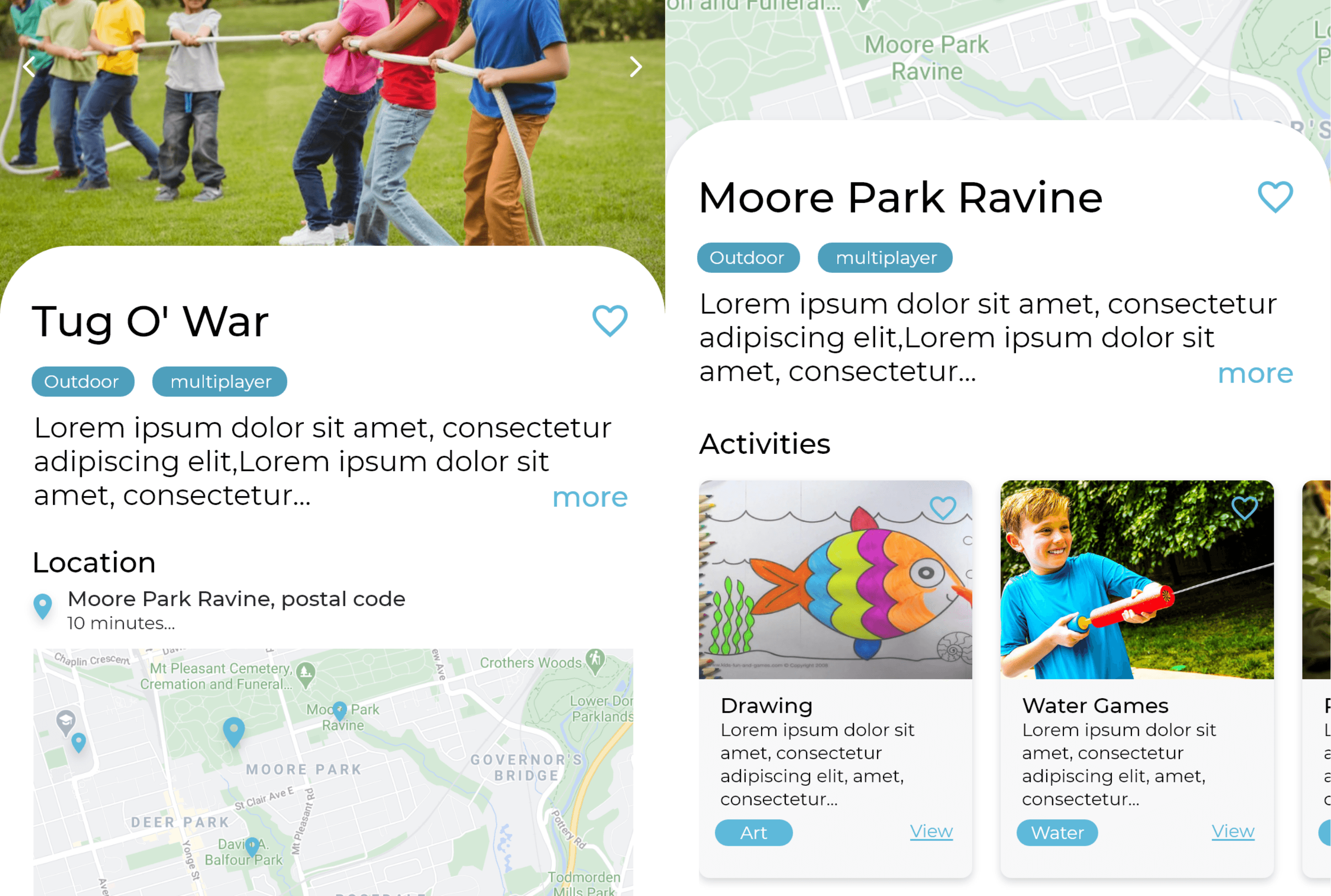 KoalaKo app screenshot showing a map of the local area with a number of child friendly locations marked which can be selected to view more information