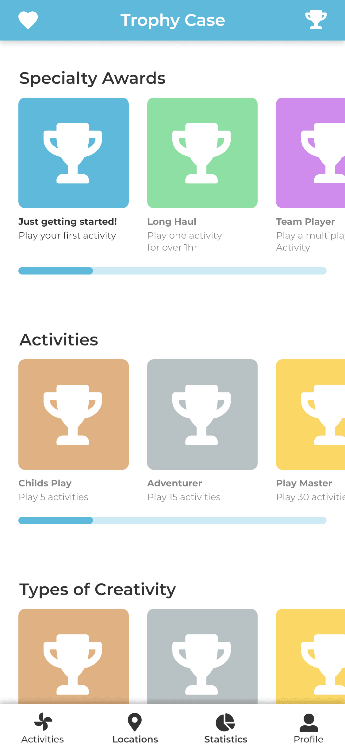 The trophies screen of the KoalaKo app, where the user is able to view their awards and achievements.