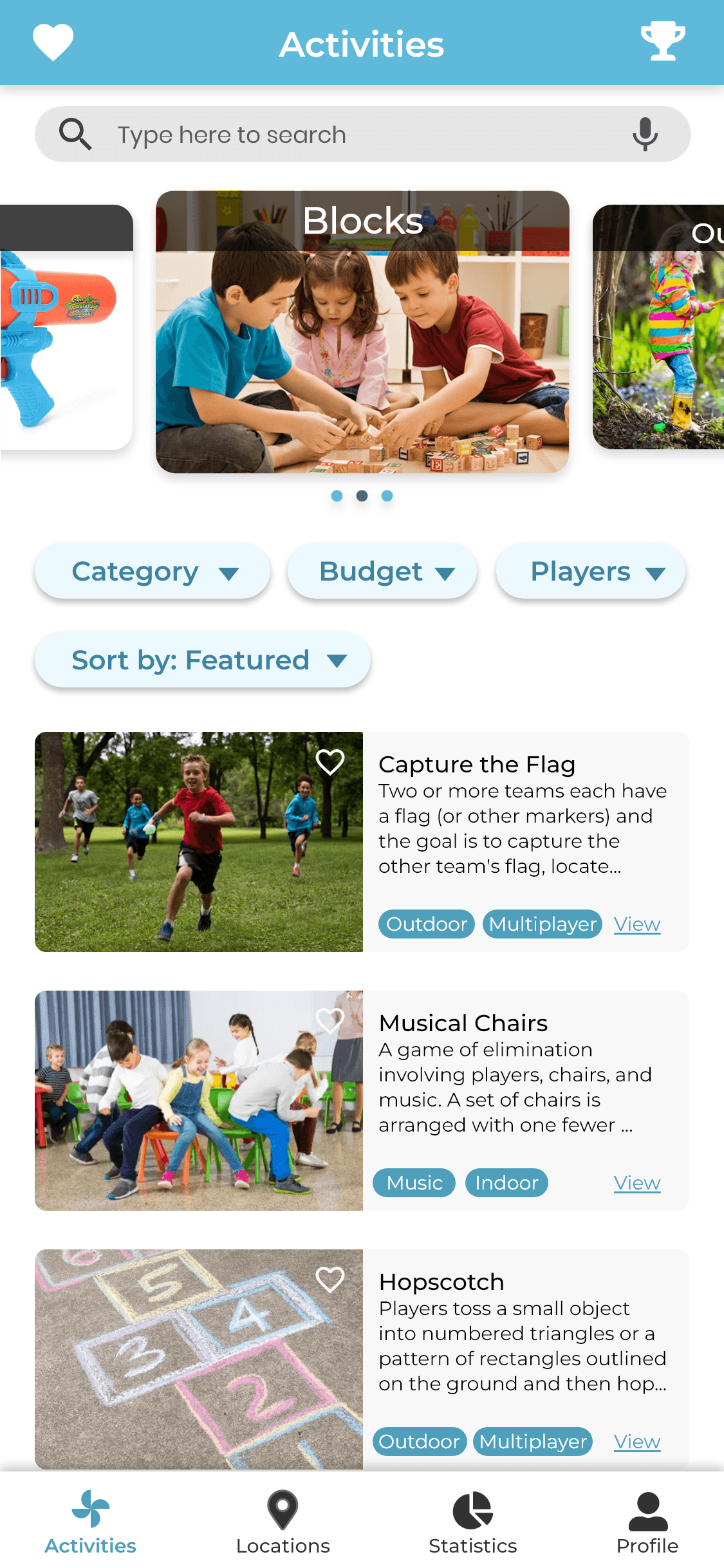 A screenshot of an earlier version of the KoalaKo activities feed page, showing a list of activities that parents can do with their child. Each activity has a title, description, tags, and can be tapped to view more information.