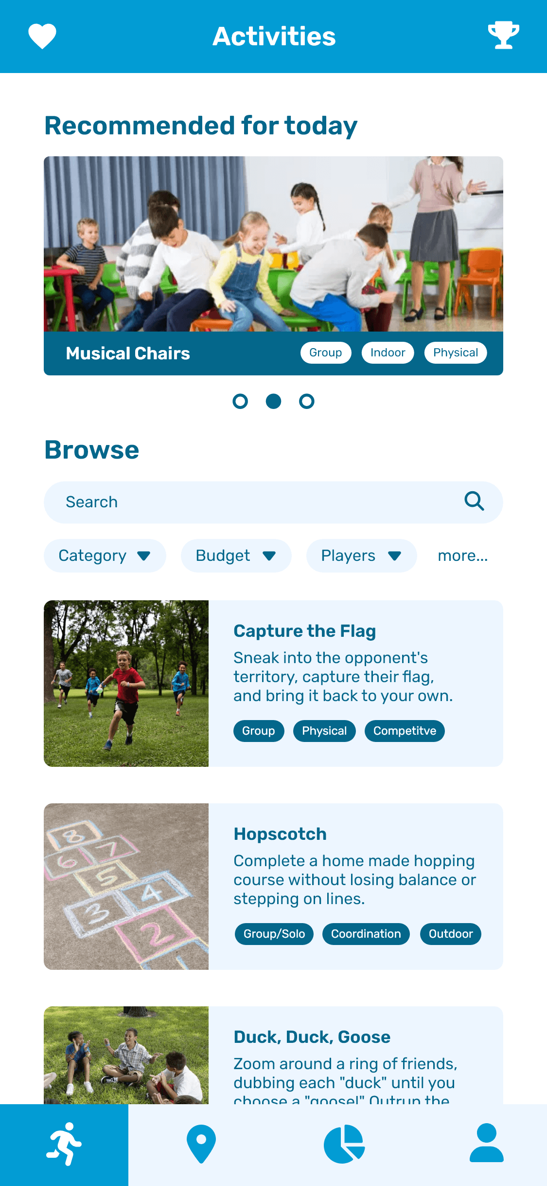 A high fidelity mockup of the activities screen in the KoalaKo app, where users can browse a feed of recommended activities for their kids.