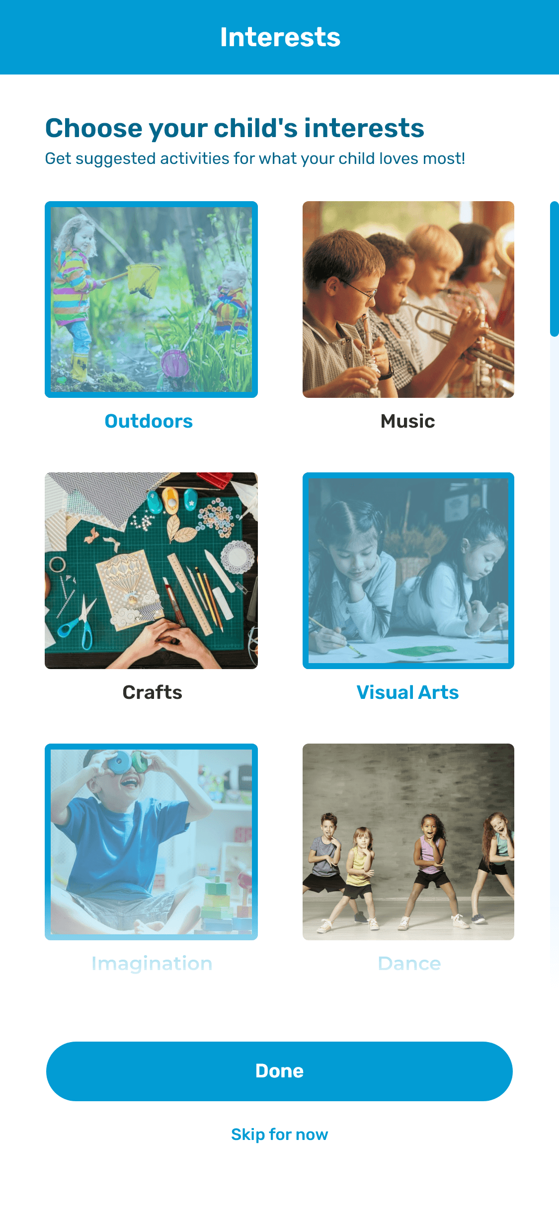 A high fidelity mockup of the interests selection screen in the KoalaKo app, where at sign-up a parent is able to select a handful of their child's interests to help with tailored suggestions.