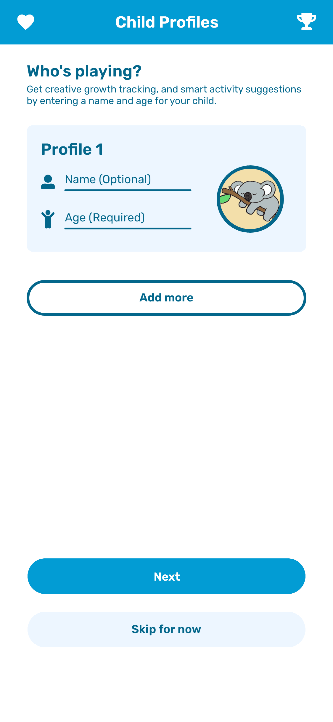 A high fidelity mockup of the child profile setup screen of the KoalaKo app, which can be skipped if the user doesn't want to track play history, and just wants to use the app for its activity database and location features.