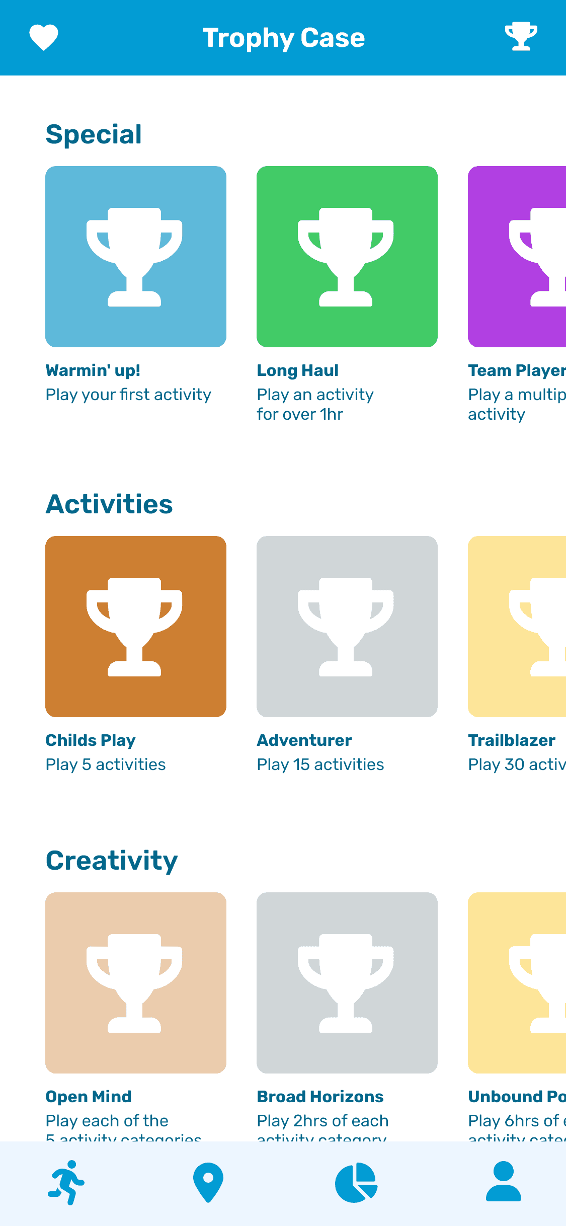 A screenshot of the KoalaKo app showing the trophies screen. This screen is a collection of awards and achievements you can earn in various ways while using the app and completing activities.