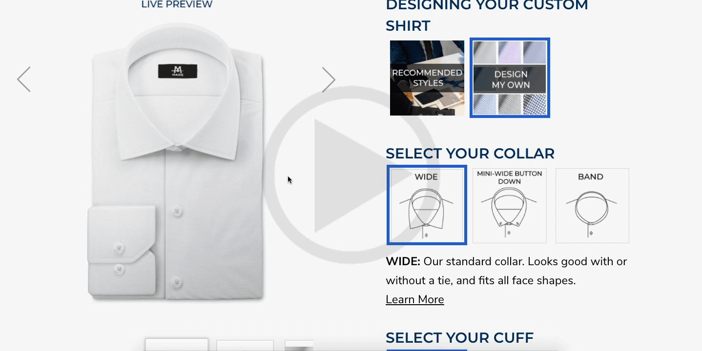 A live demo video of MADE's dress shirt configuration tool being used on their website.  Powered by the image components created in this study.