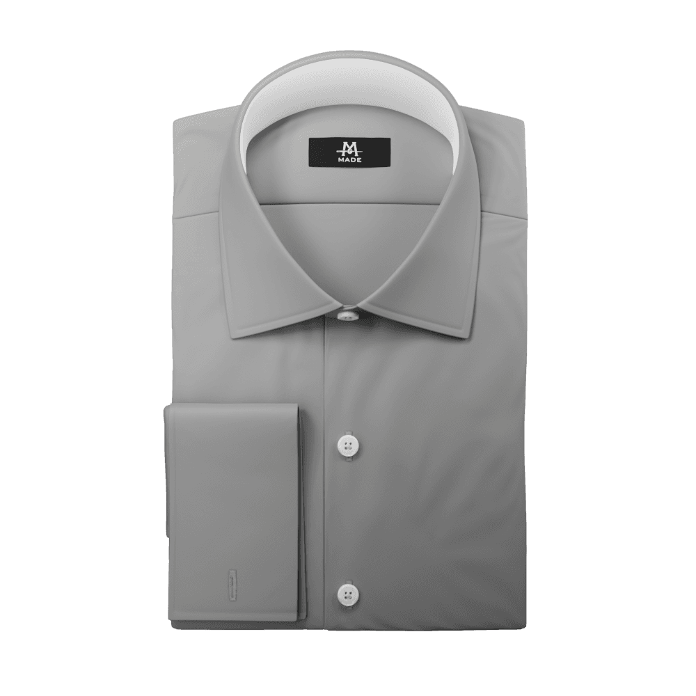 A 3D rendering of a shirt model with a wide collar where the inner fabric of the collar and cuff is pulsing with white light to act as a visual guide for what a contrast fabric is and where they are located