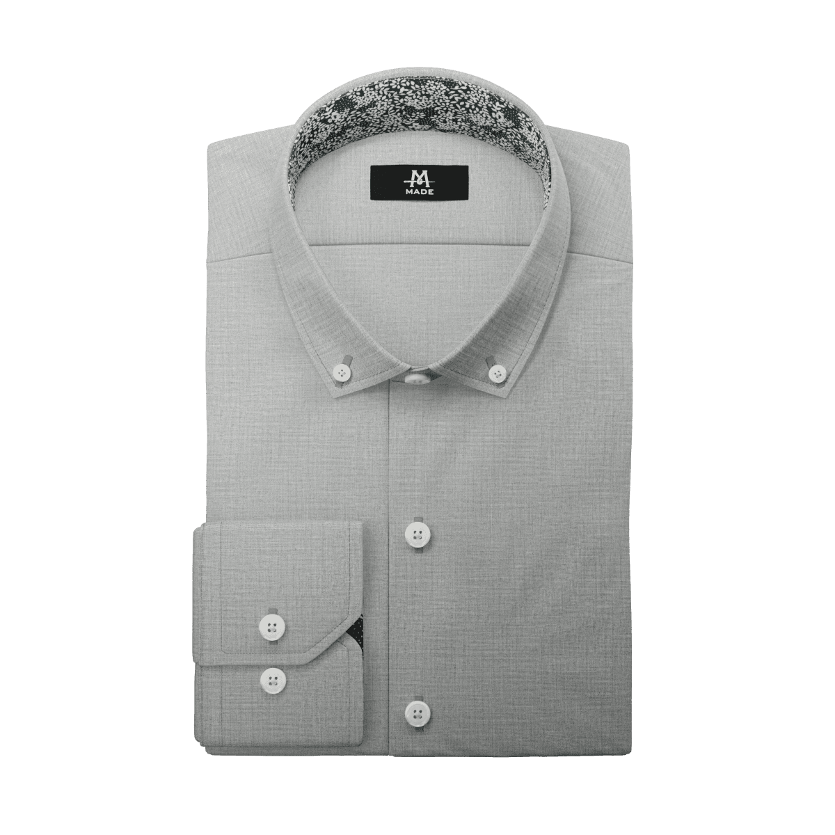 A grey dress shirt with paisley contrast fabric, a mini-wide collar, regular cuff, and white buttons