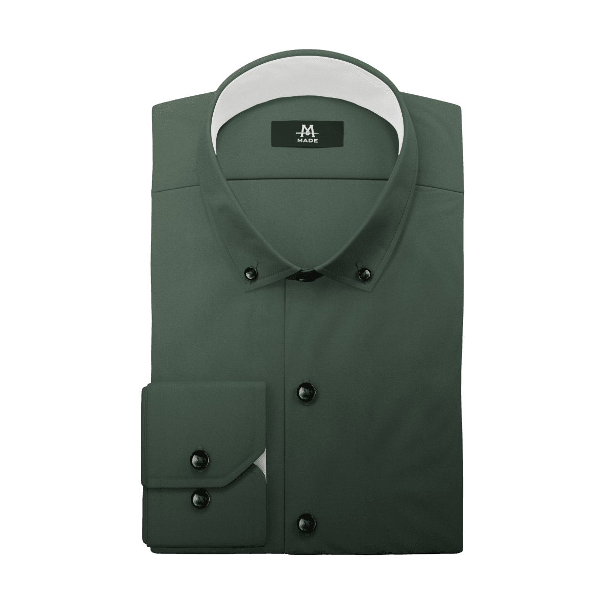 A green dress shirt with white contrast fabric, a mini-wide collar, regular cuff, and dark buttons