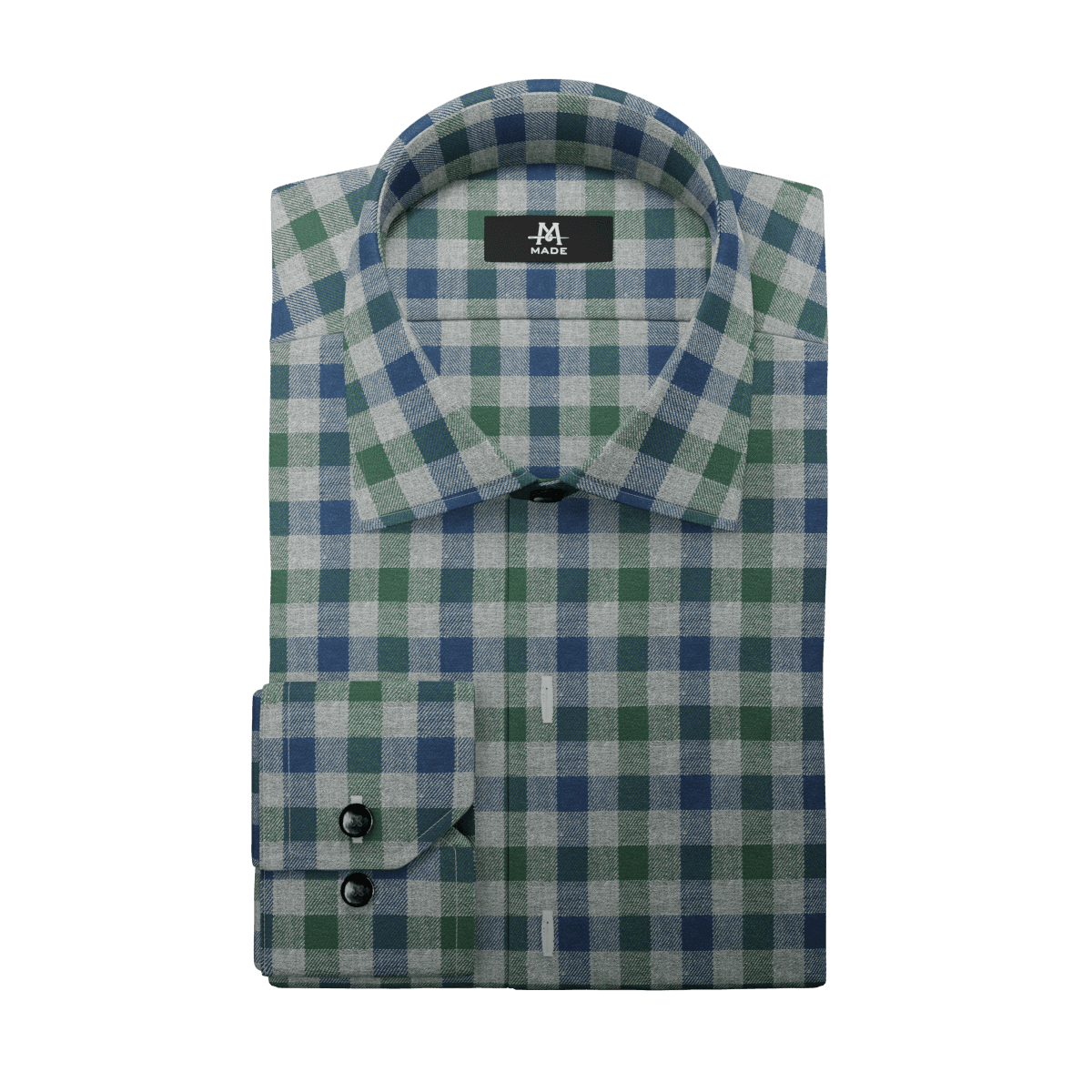 A green plaid dress shirt with no contrast fabric, a wide collar, regular cuff, and dark buttons