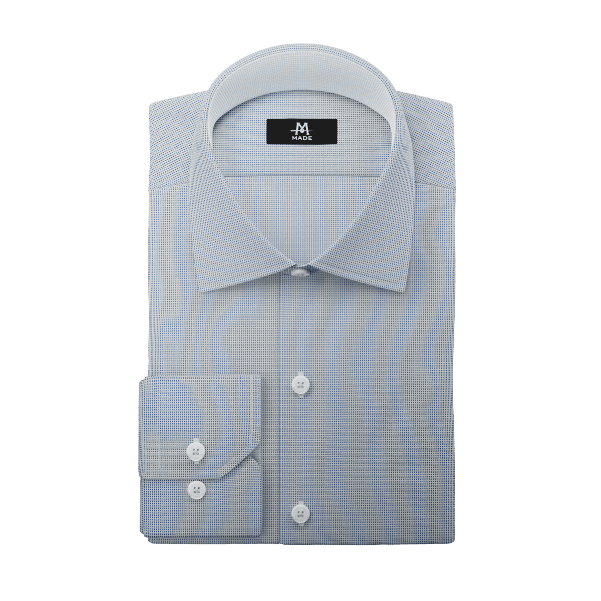 A light blue dress shirt with no contrast fabric, a wide collar, regular cuff, and white buttons