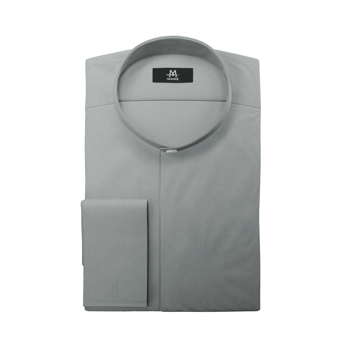 A dark grey dress shirt with no contrast fabric, a band collar, french cuff, and white buttons