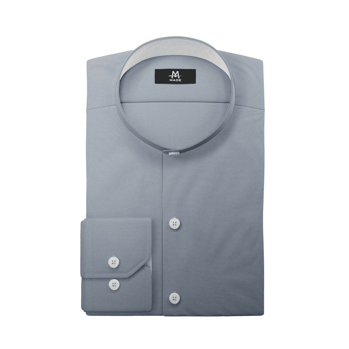 A very light blue dress shirt with white contrast fabric, a band collar, regular cuff, and white buttons