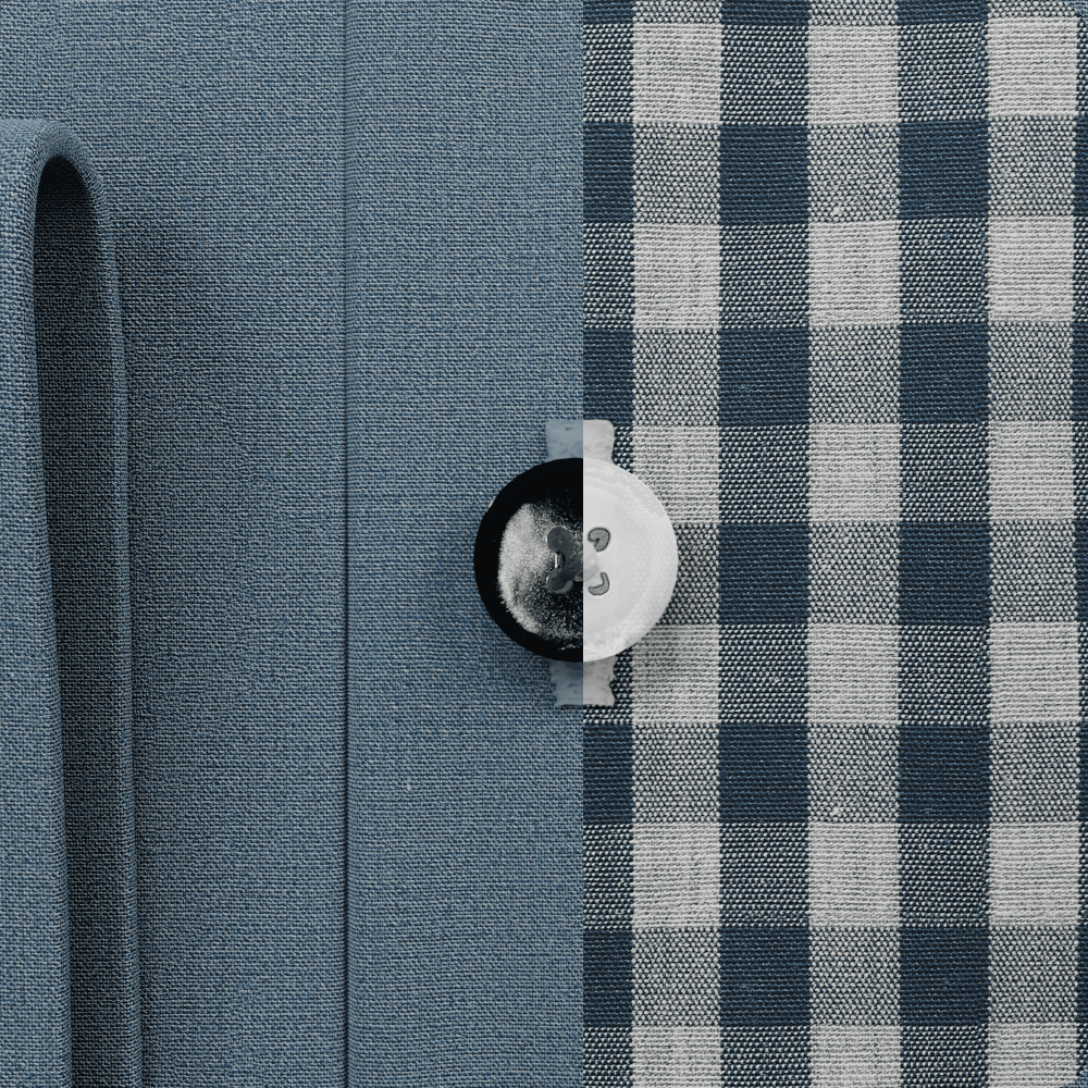 A split image of a dark shirt and a light shirt, showing that each has a different button color