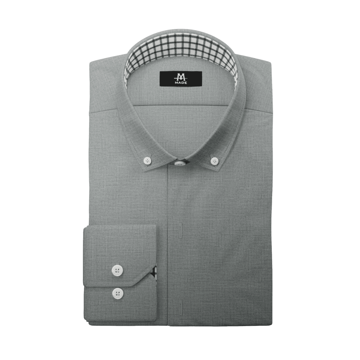 A dark grey dress shirt with stripped contrast fabric, a mini wide collar, regular cuff, and white buttons.