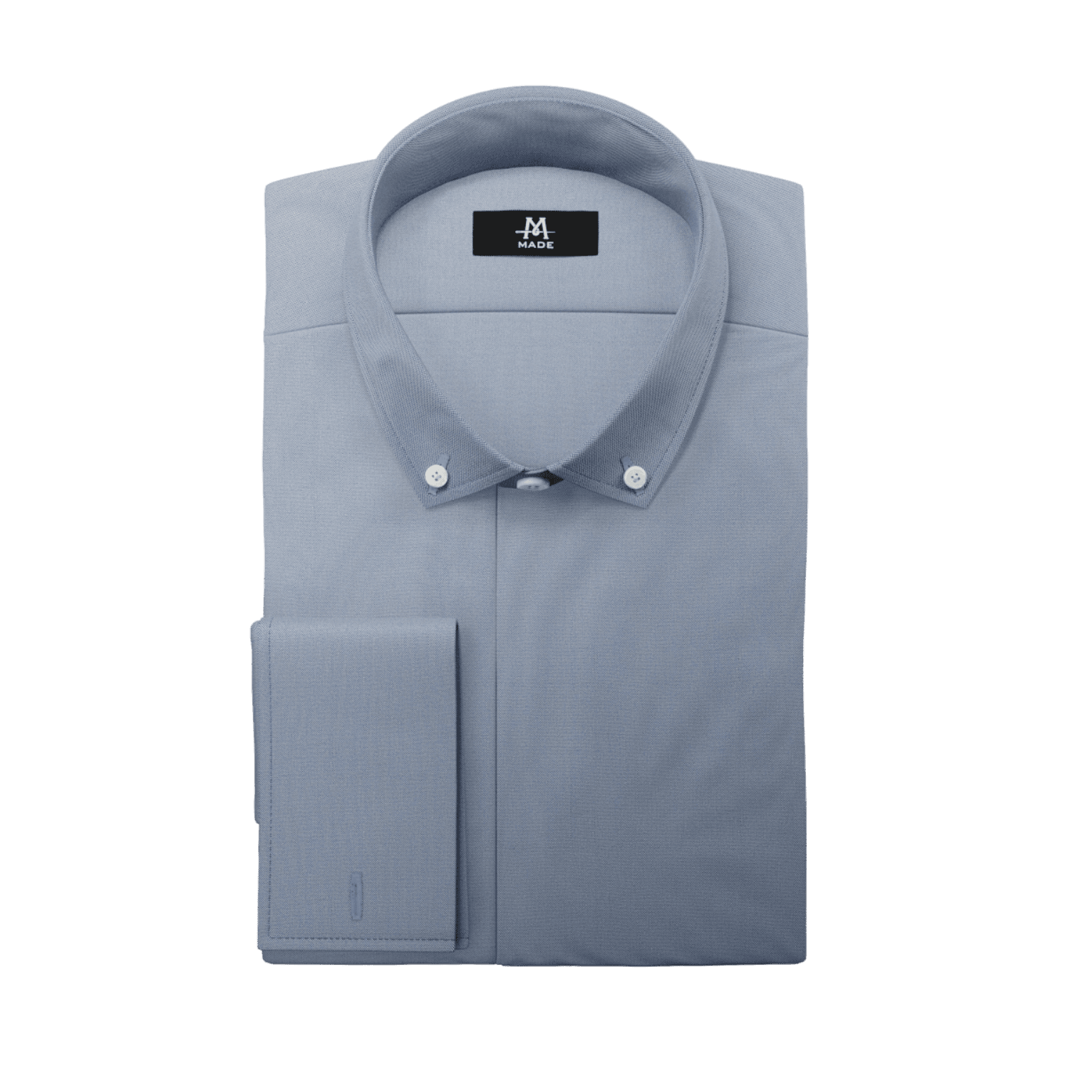 A light blue dress shirt with no contrast fabric, a mini-wide collar, French cuff, light buttons, and regular cuff.