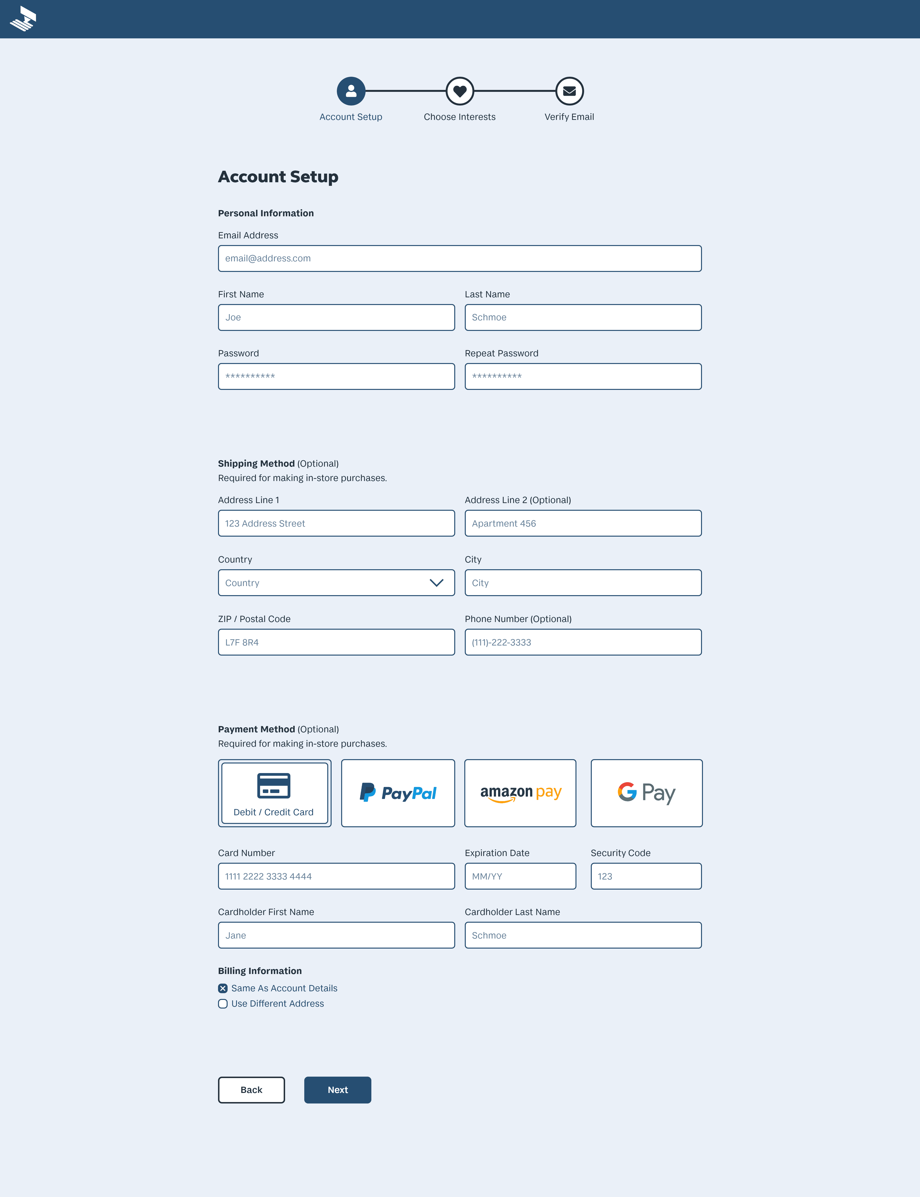 Account setup page for MakeRight, where new customers can input their information to create a new account.