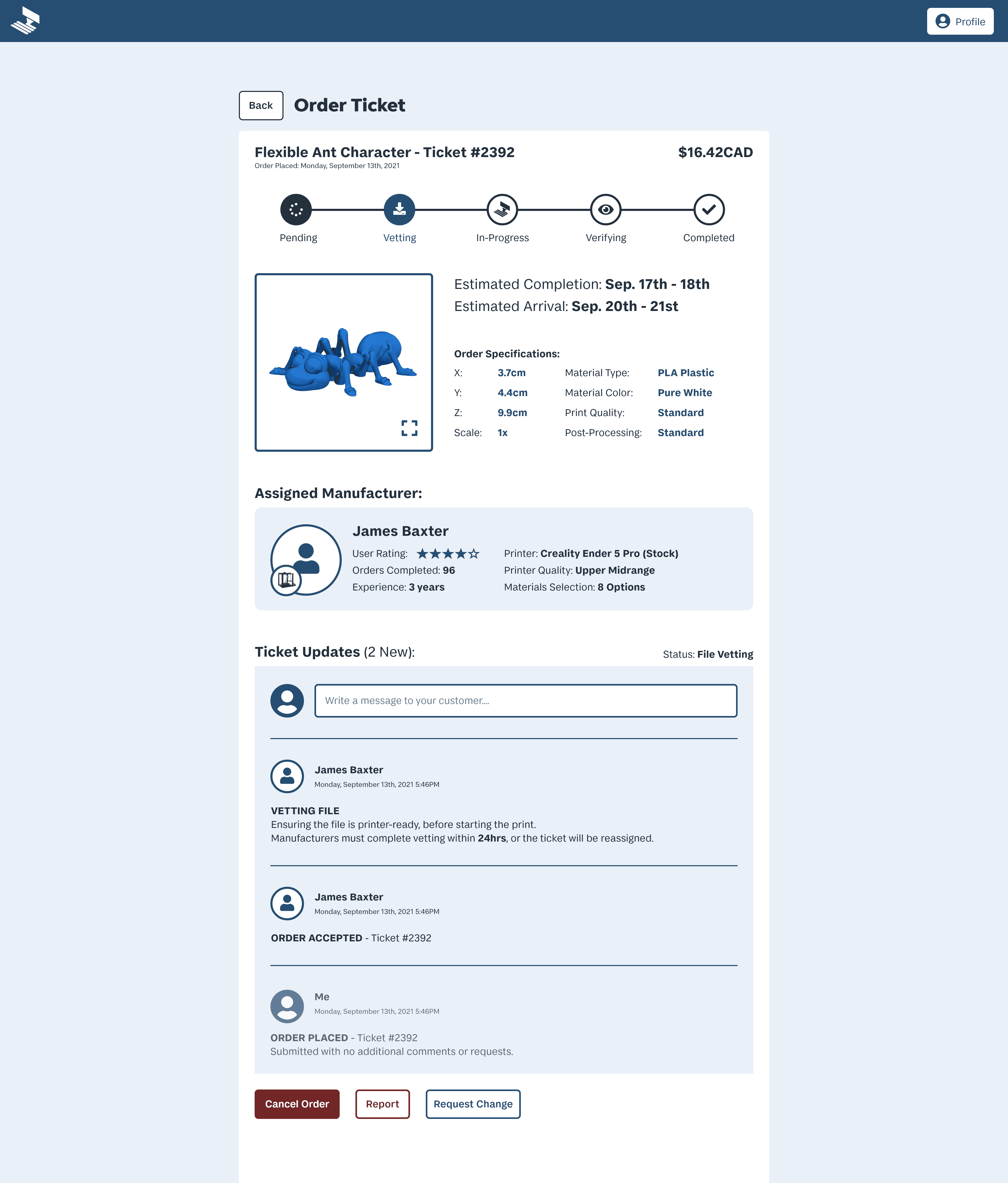 Expanded Order Ticket page for MakeRight, where customers can manage their order details, communicate with their Maker, and request changes.