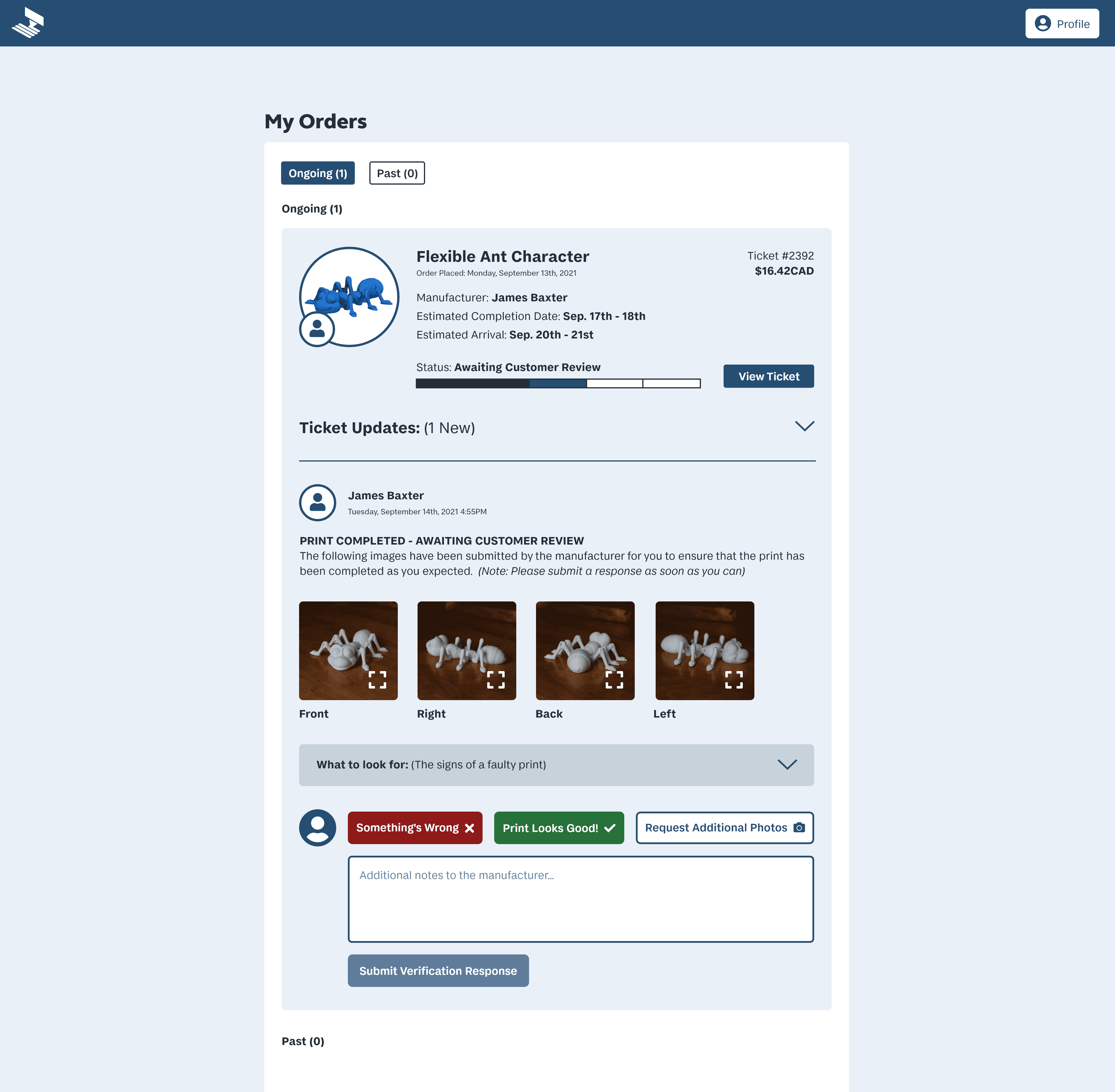 Print verification page for MakeRight, where customers can check the verification images submitted by the Maker to ensure that the product matches their order specifications.