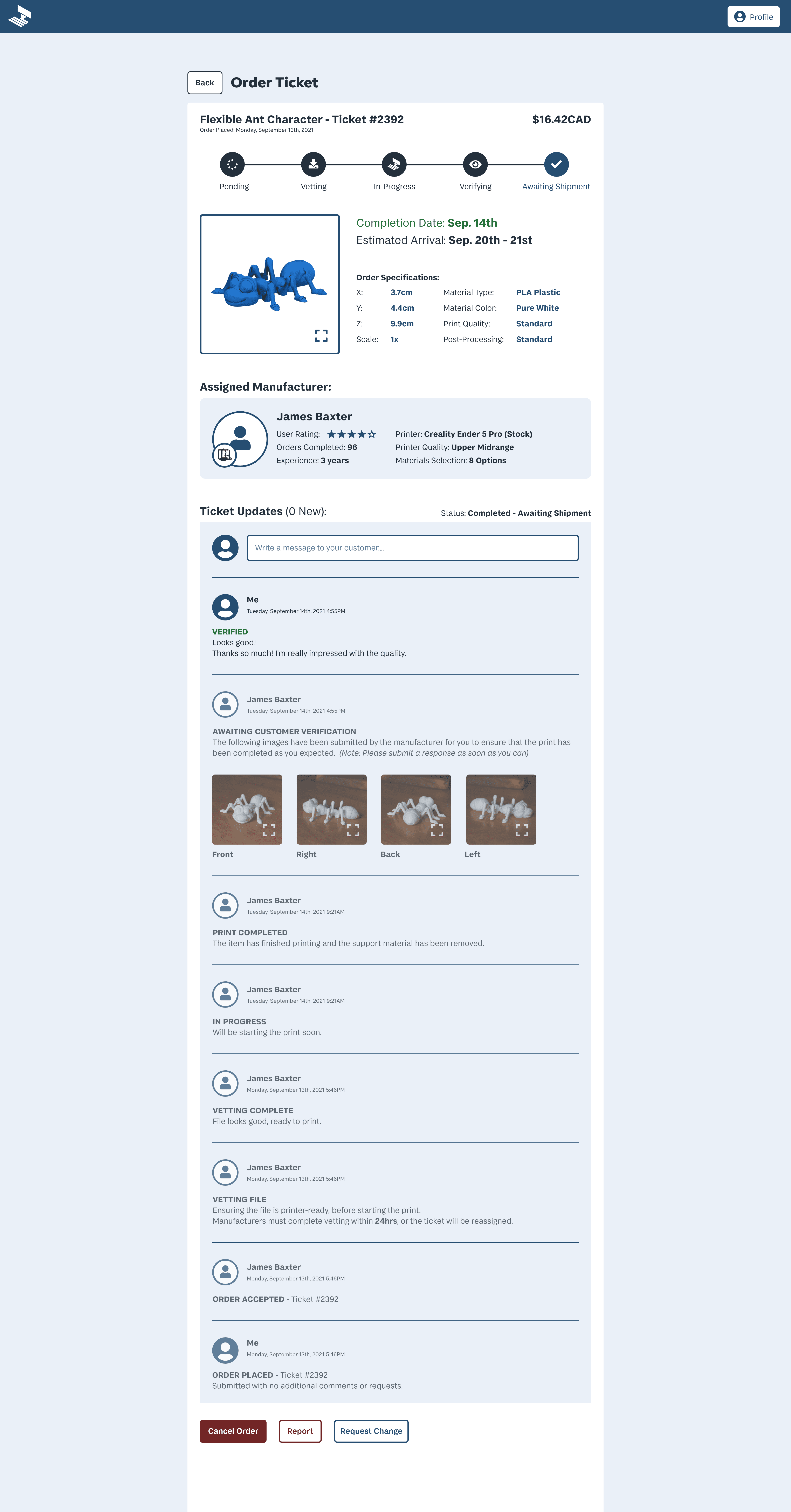 Print verified confirmation page for MakeRight, where customers are notified that their print has been approved and are waiting for shipping details.