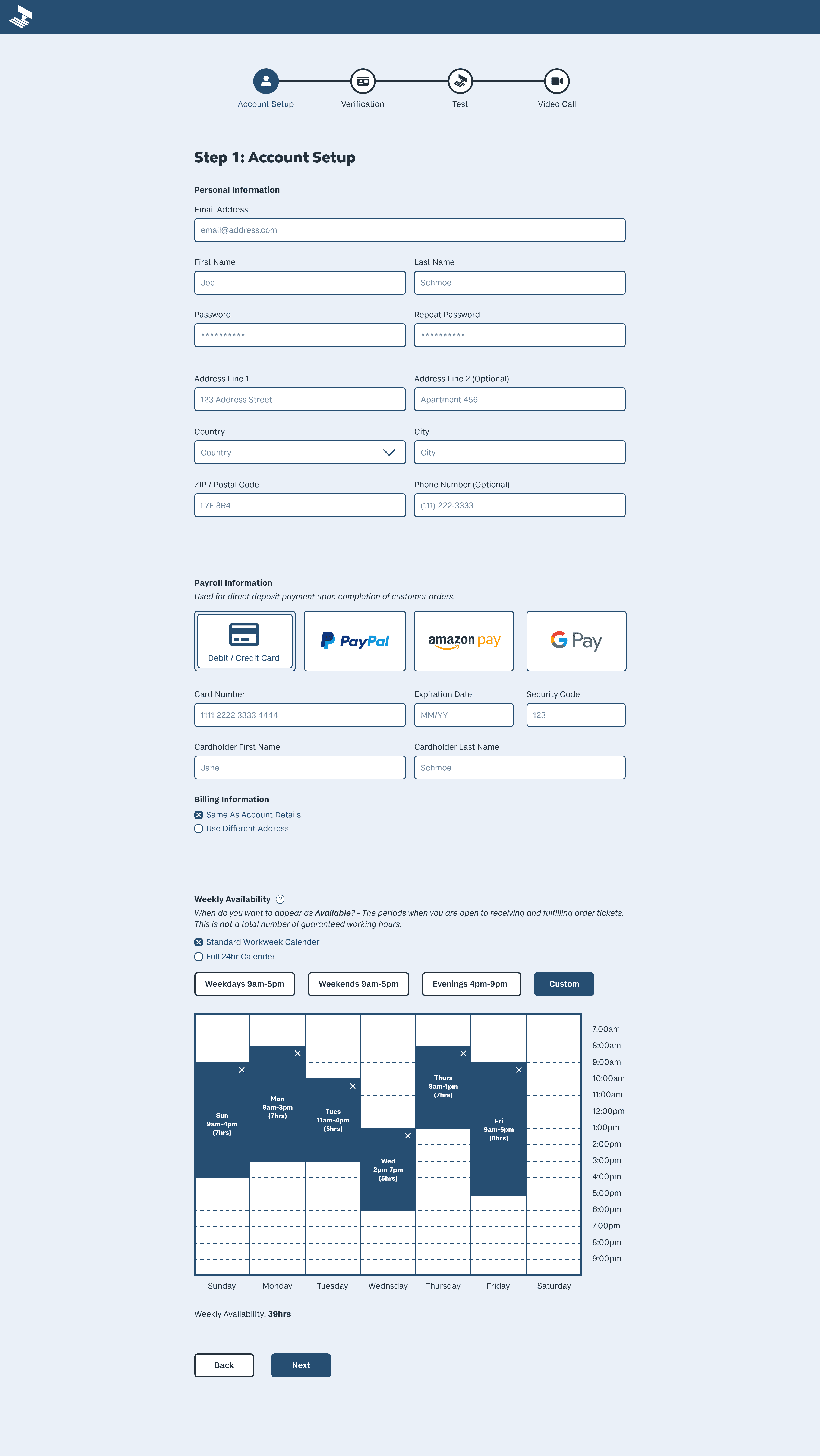 A screen for makers to set up their account, including personal details, banking information, and weekly availability.