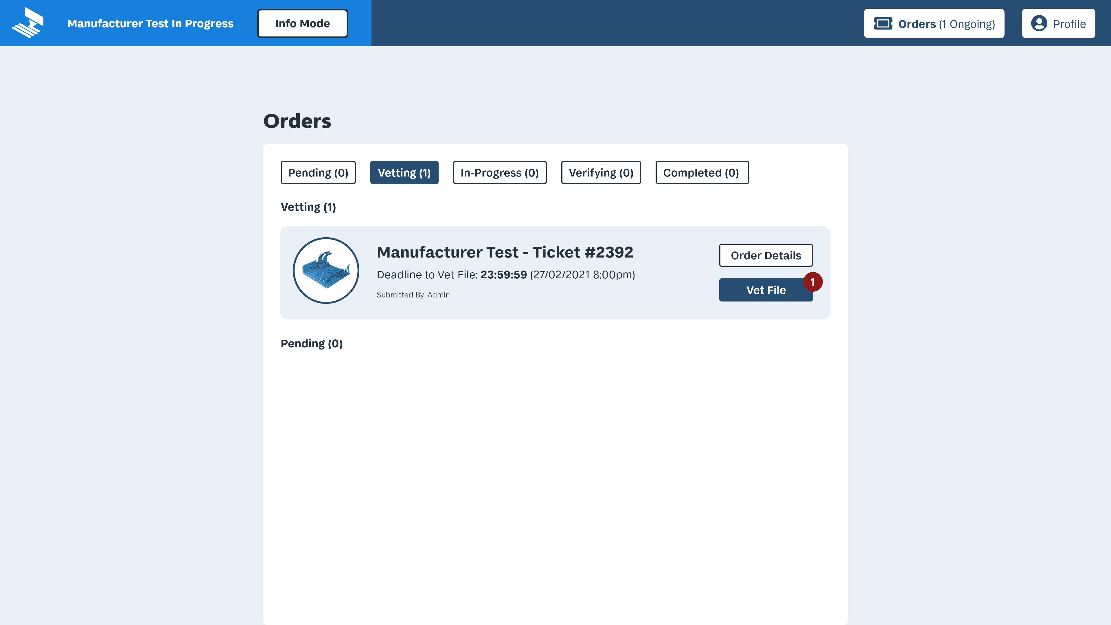 A screen showing the deadline for vetting a file for print and the option to perform the next step.