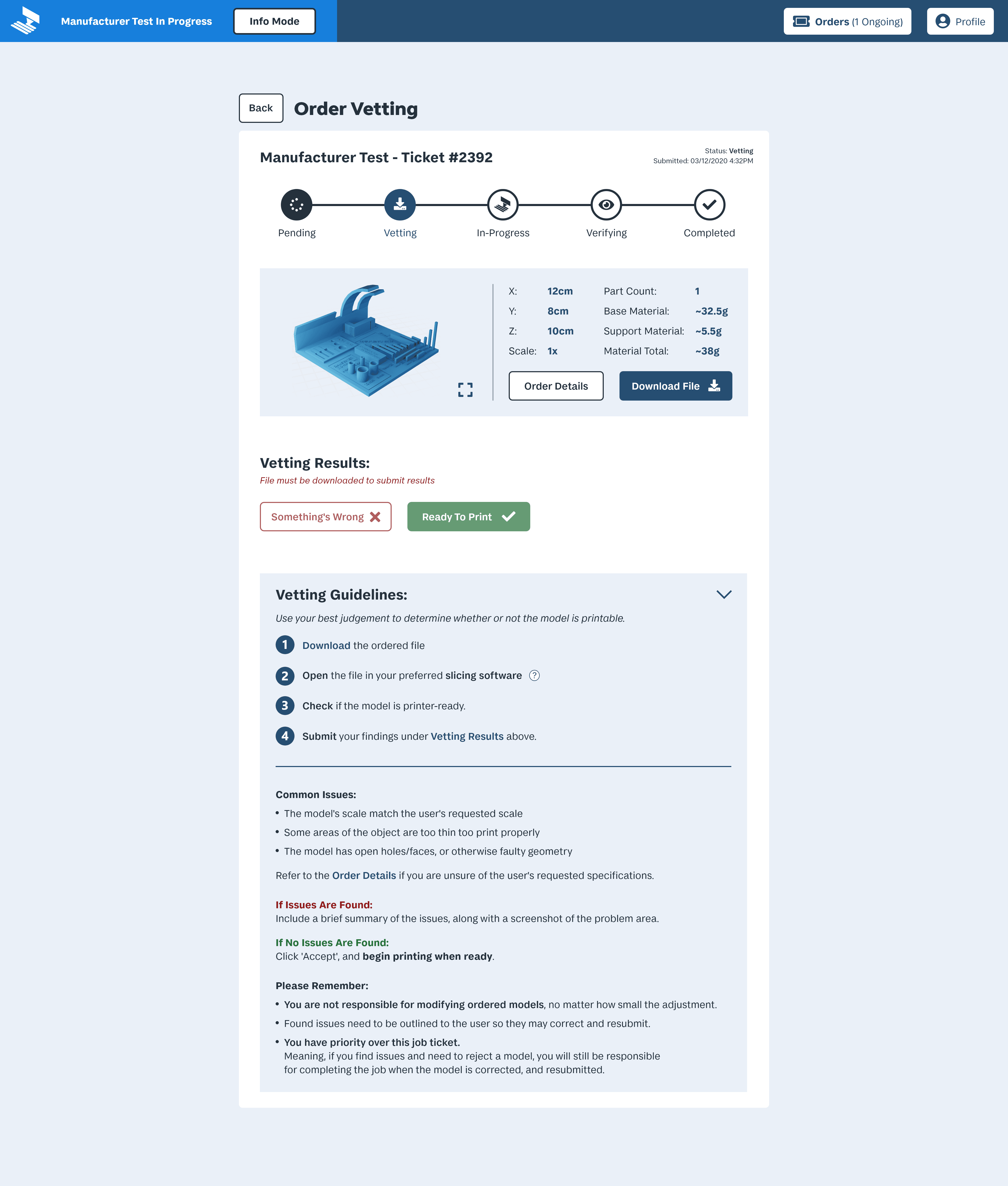 A screen for makers to download and vet a file to ensure it can be printed, with optional tutorials.