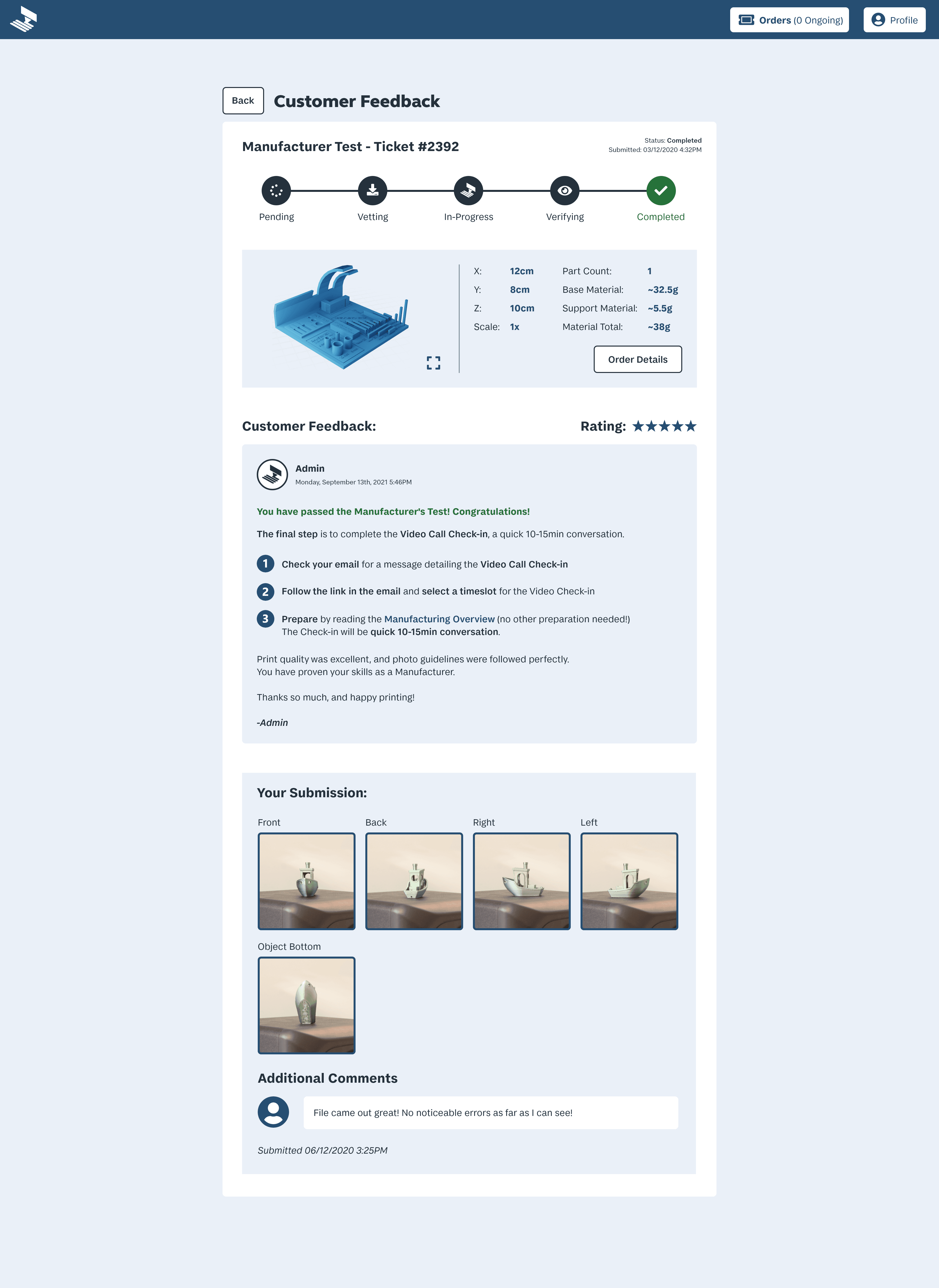 A screen for makers to review customer feedback on their completed job order, including rating and feedback, and instructions for next steps.