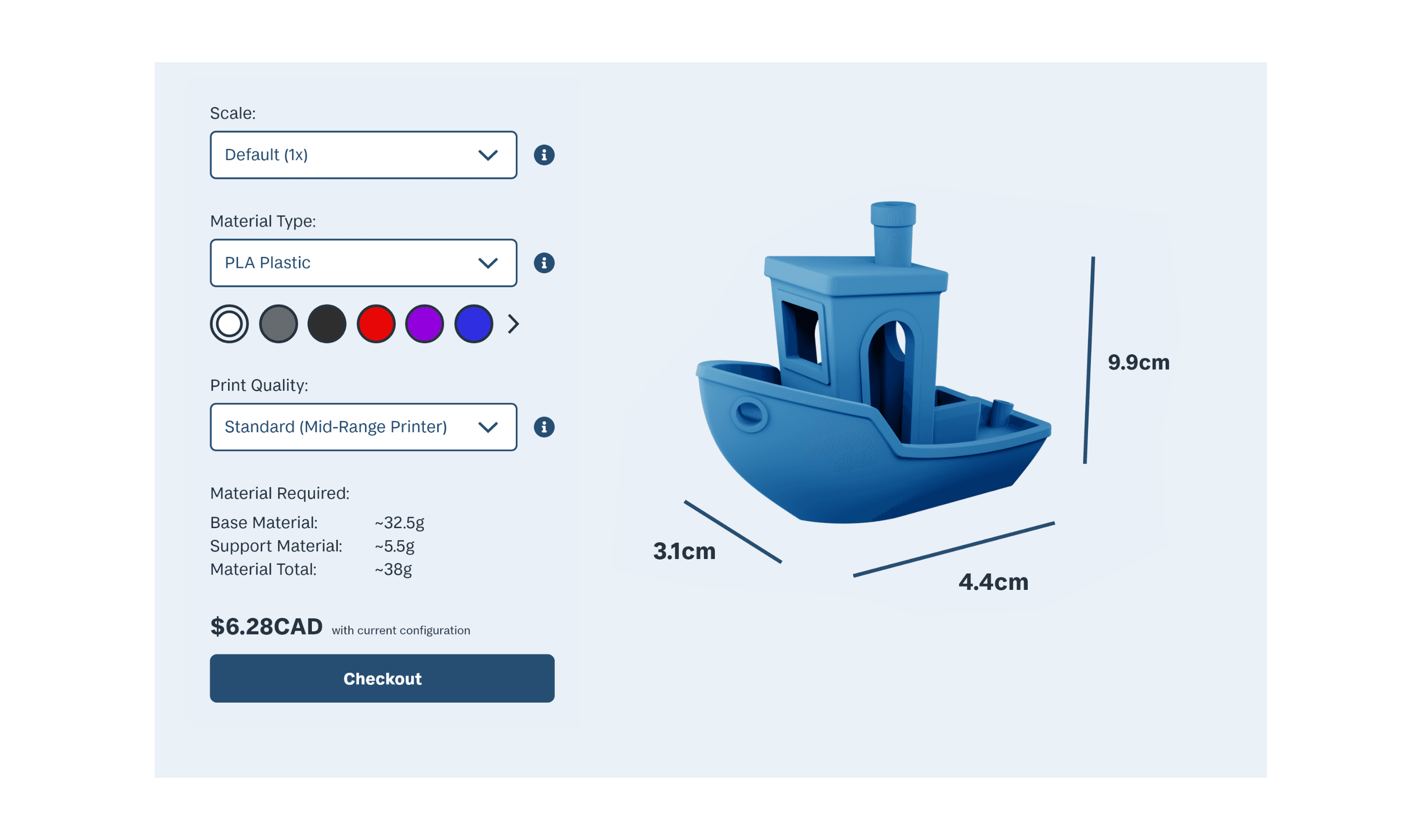 MakeRight UI screenshot showing the ability to customize the scale, color, and material of your 3D printed object