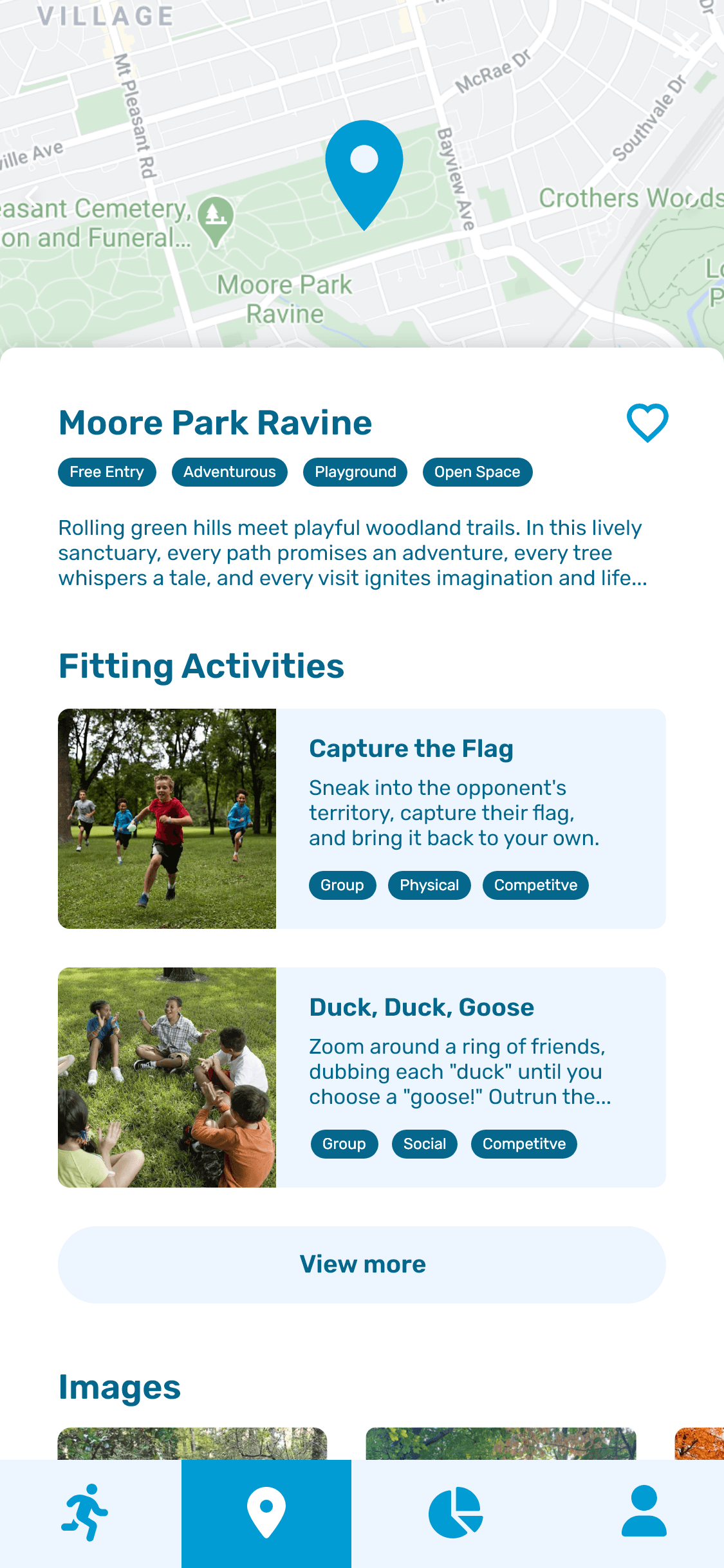 A high fidelity mockup of a selected location on the map screen of the KoalaKo app. Where the user is able to more information about the location, and the activities available there.
