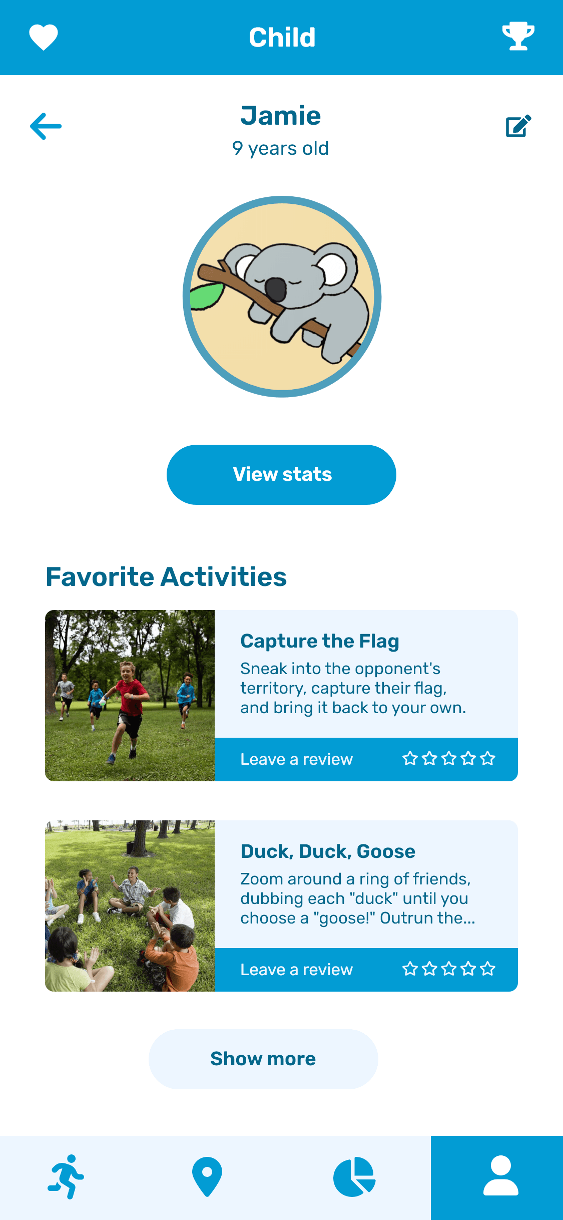 A screenshot of the KoalaKo app showing the profile of your child. This profile contains no personal details about your child, except for their name which isnt necessary to provide. The profile contains a list of activities that the child has completed, and their favourite activities.