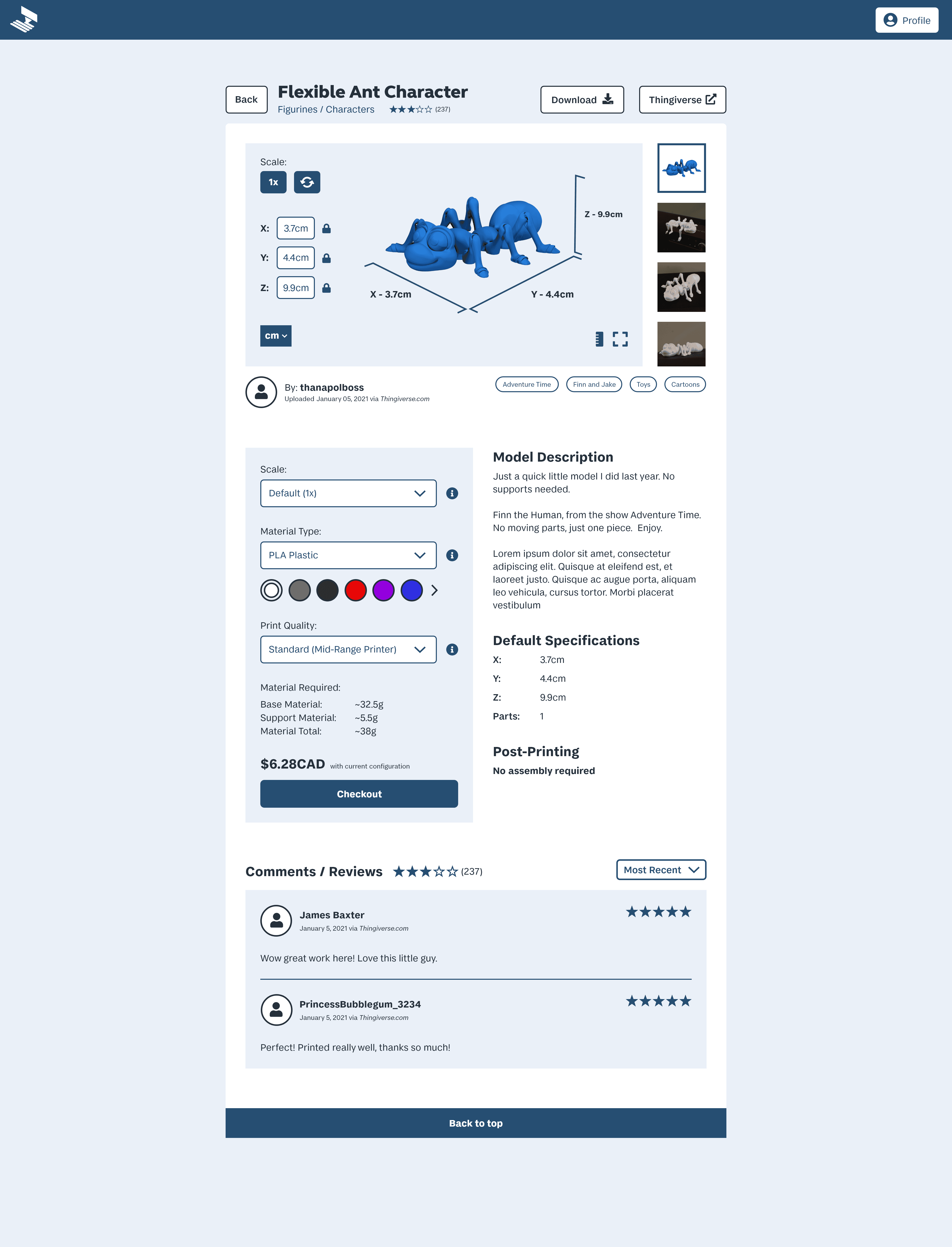 Item listing page for MakeRight, where customers can view detailed information about the selected item, including an interactive 3D model, images of past prints, and comments from other customers.