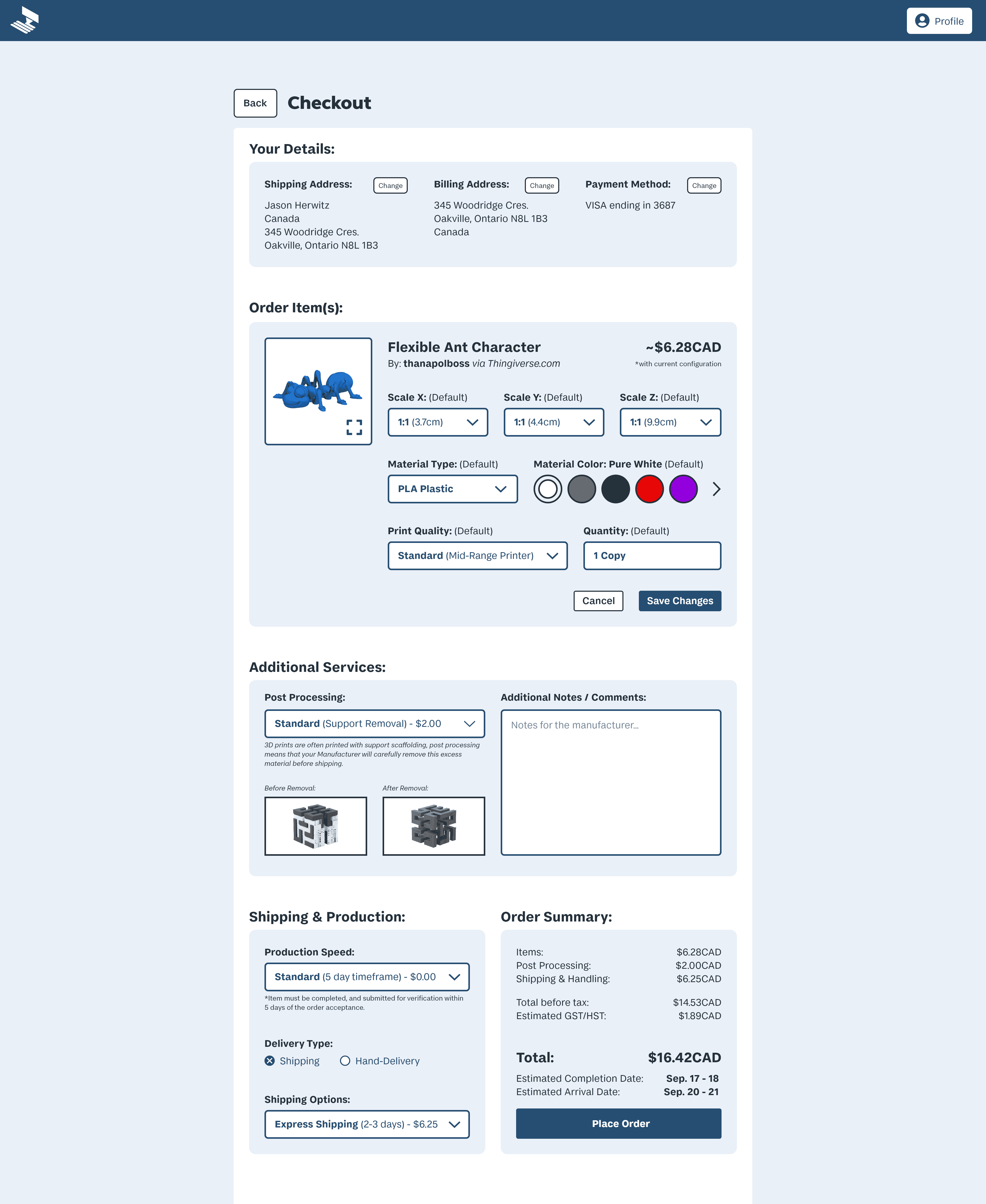 Expanded Checkout page for MakeRight, where customers can make final changes to their order, add comments, and adjust timeline options for an added fee.