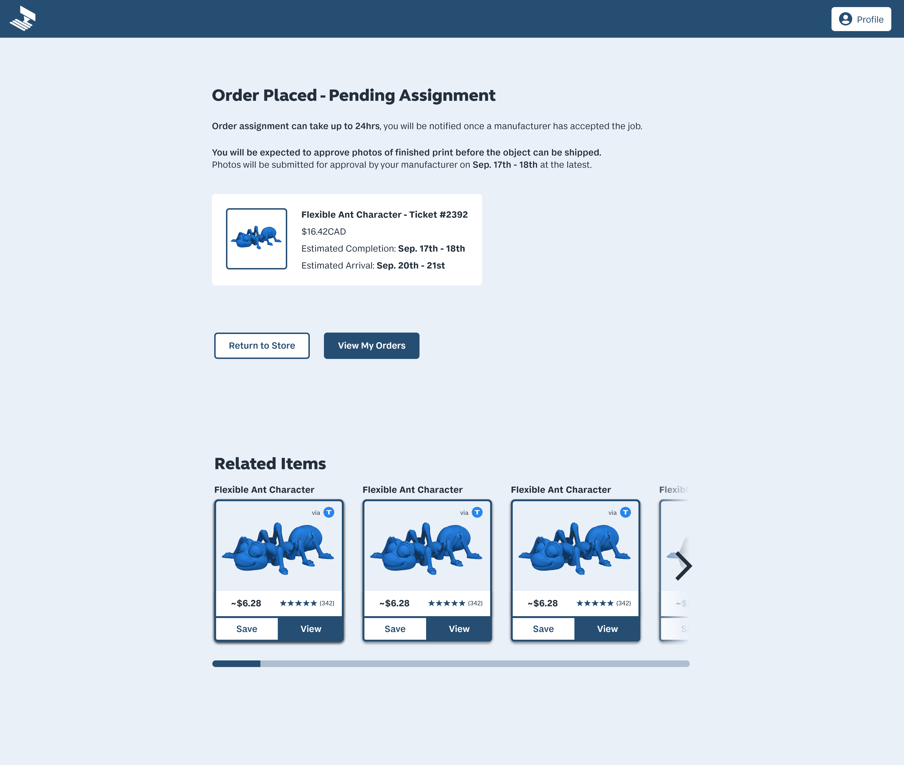 Order placed confirmation page for MakeRight, where customers are notified that their order has been successfully placed and is pending assignment to a maker.