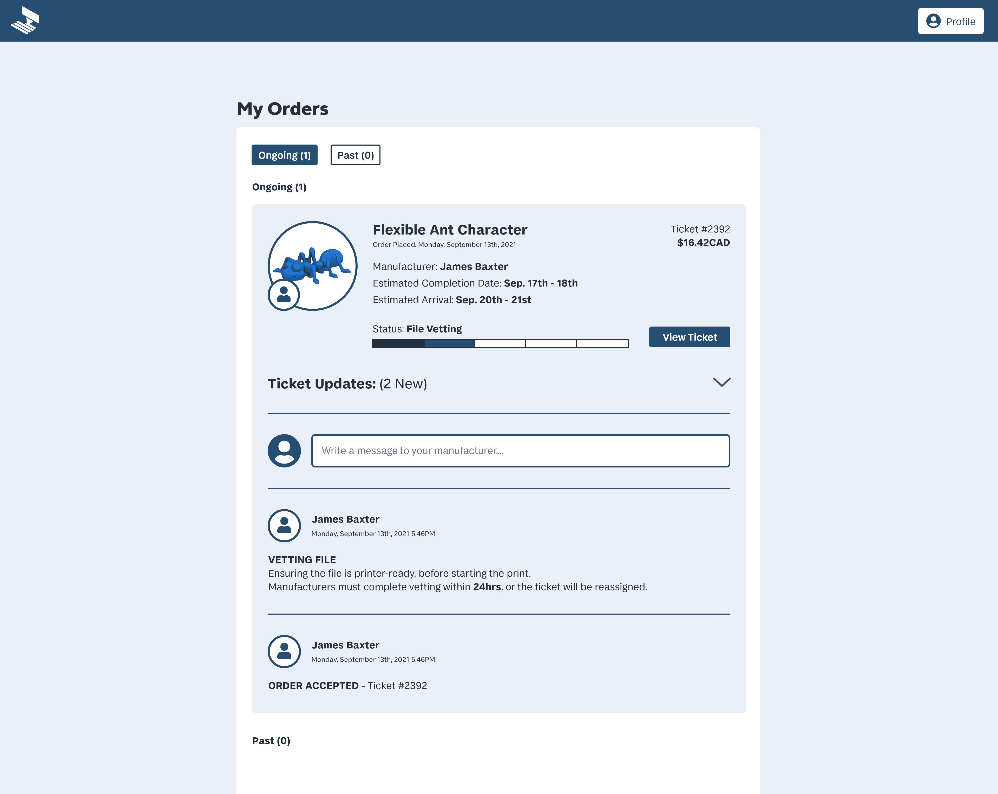 Accepted / Vetting Order Ticket page for MakeRight, where customers can view the status of their order ticket when it has been accepted by a Maker and is currently being assessed.