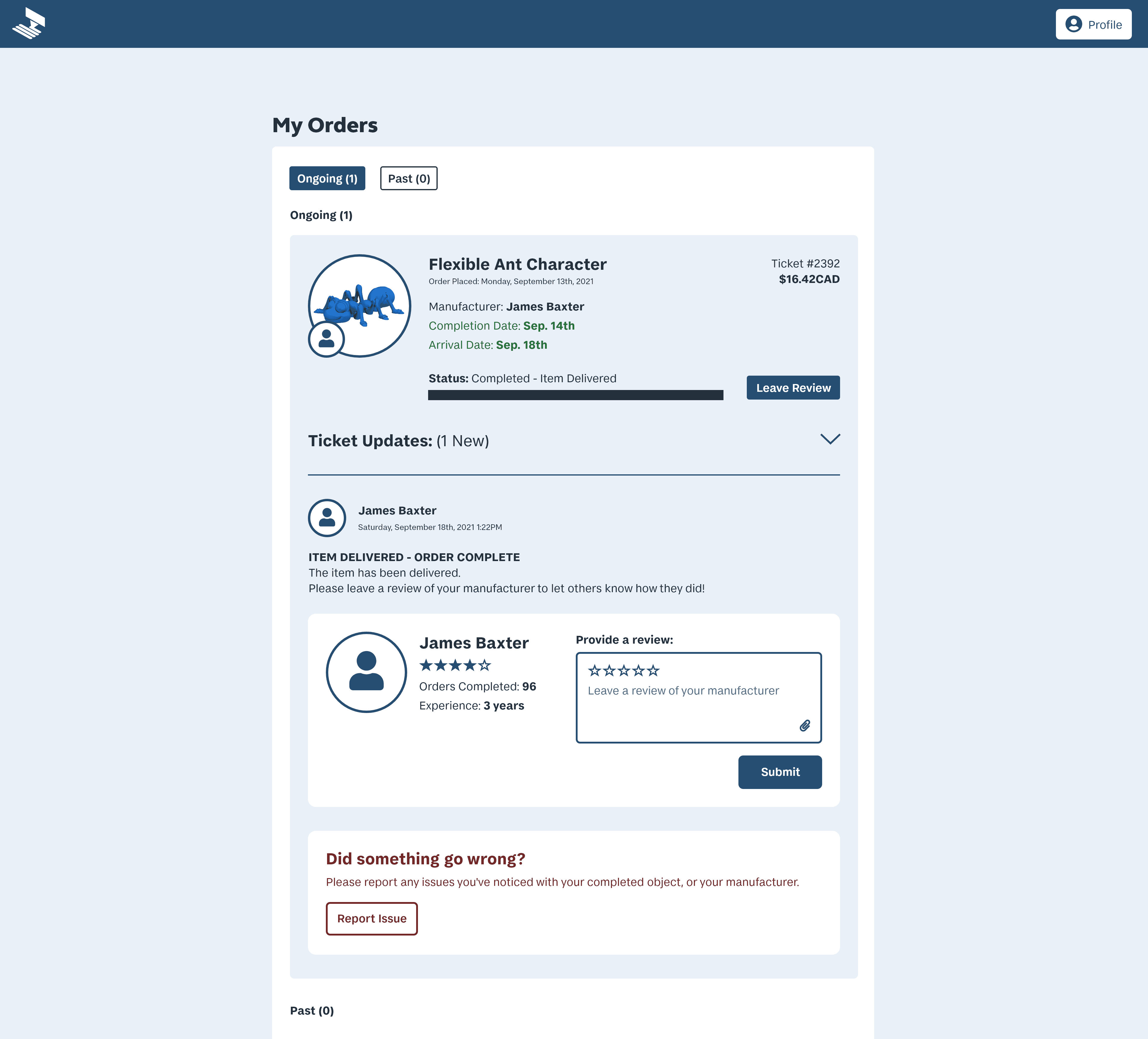 Order delivered confirmation page for MakeRight, where customers can rate their Maker and provide feedback.