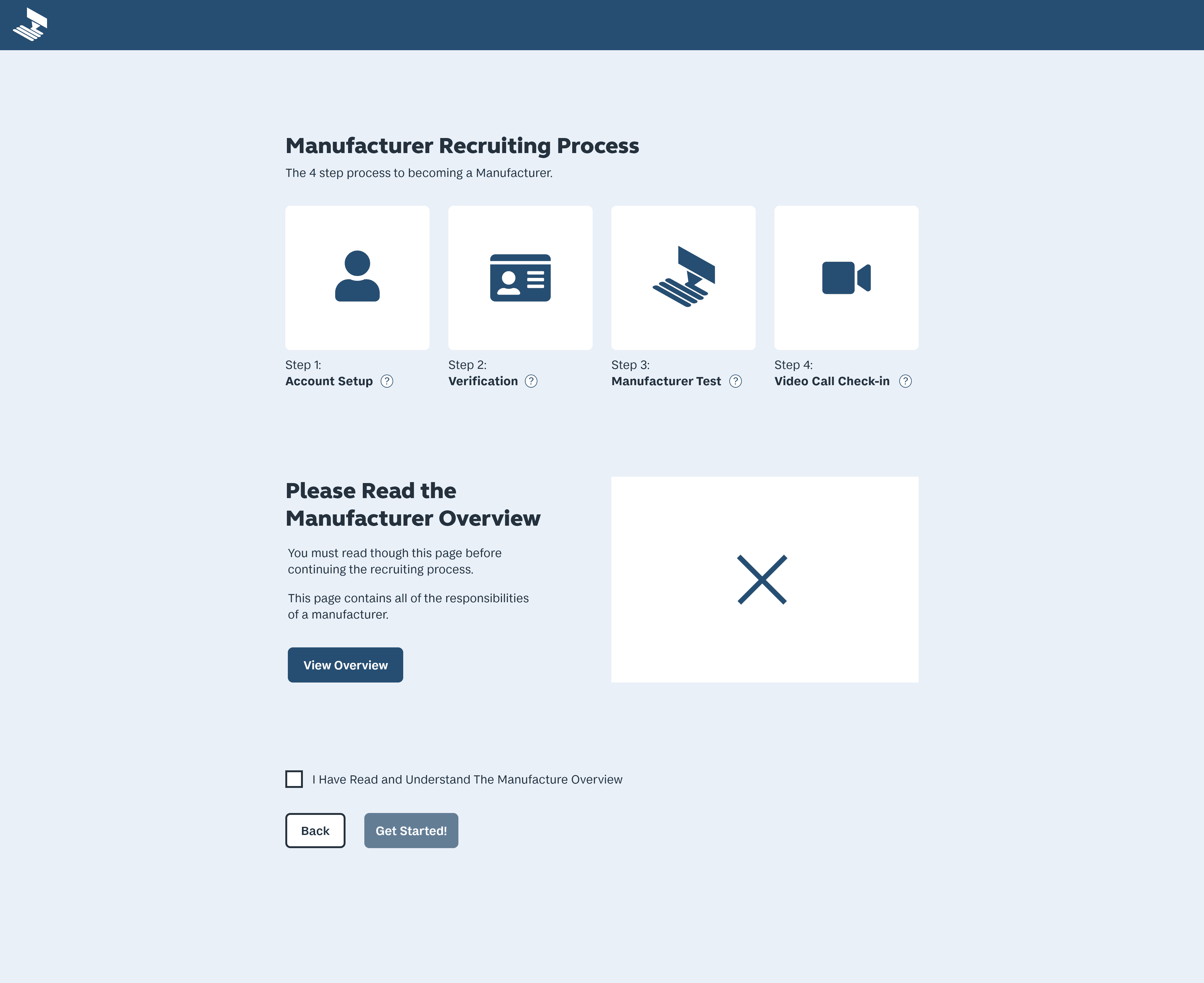 An onboarding overview screen which links to a page that explains the process and rules for being a maker on MakeRight, with a checkbox to confirm the user has read it.