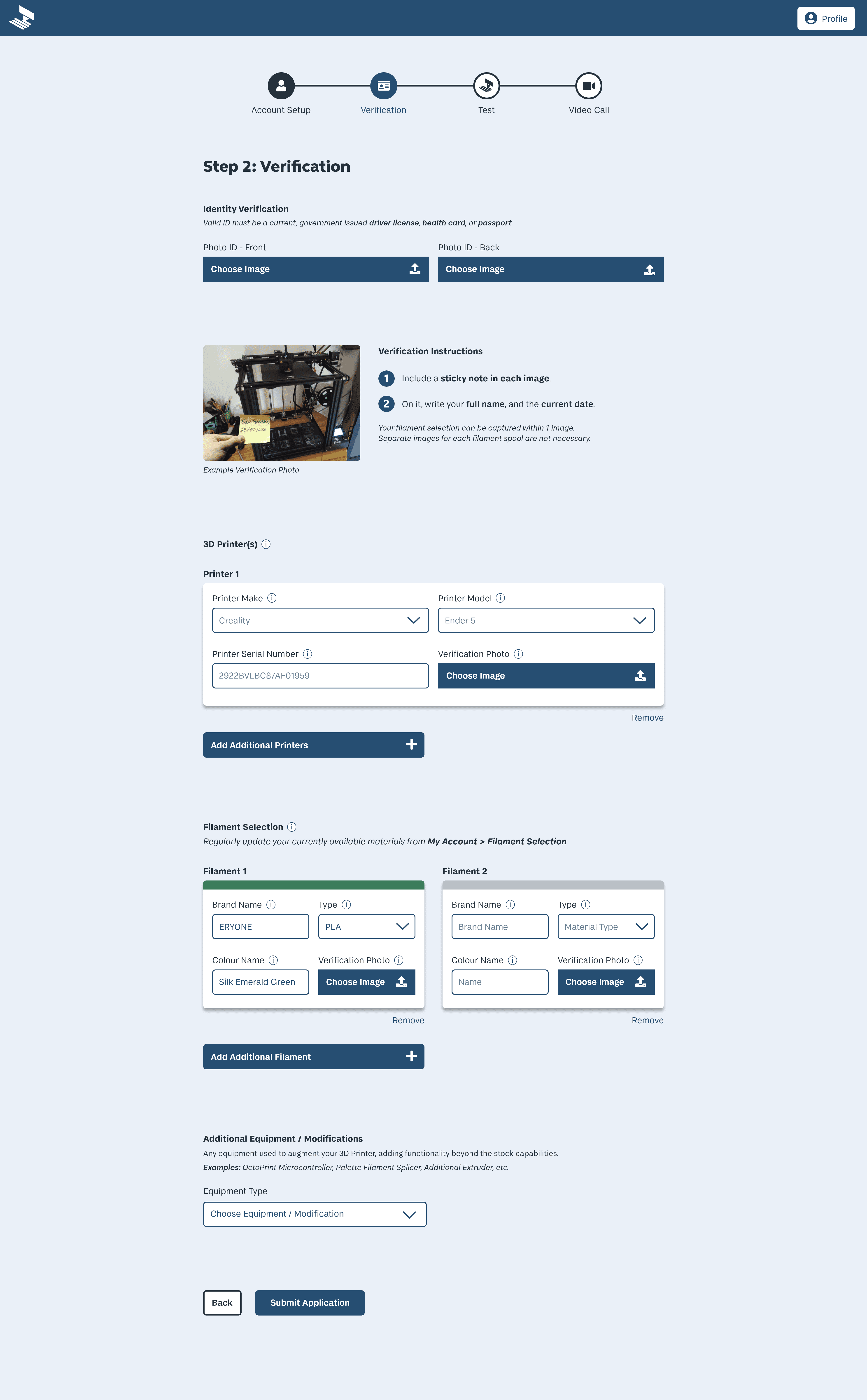 A verification screen for makers to submit proof of ownership for their equipment and supplies.
