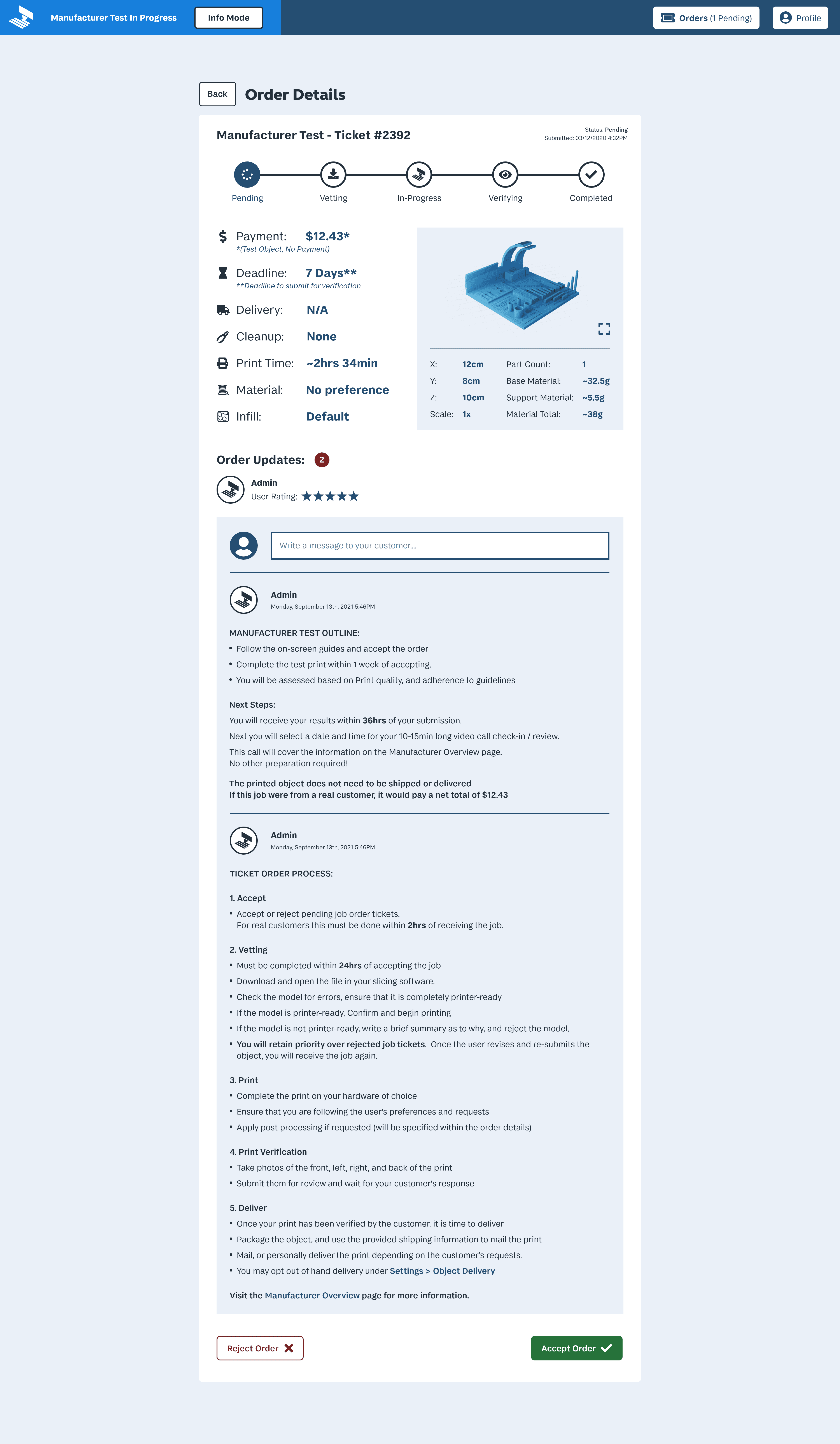 A screen providing the details of a particular job order, with options to accept or reject it.