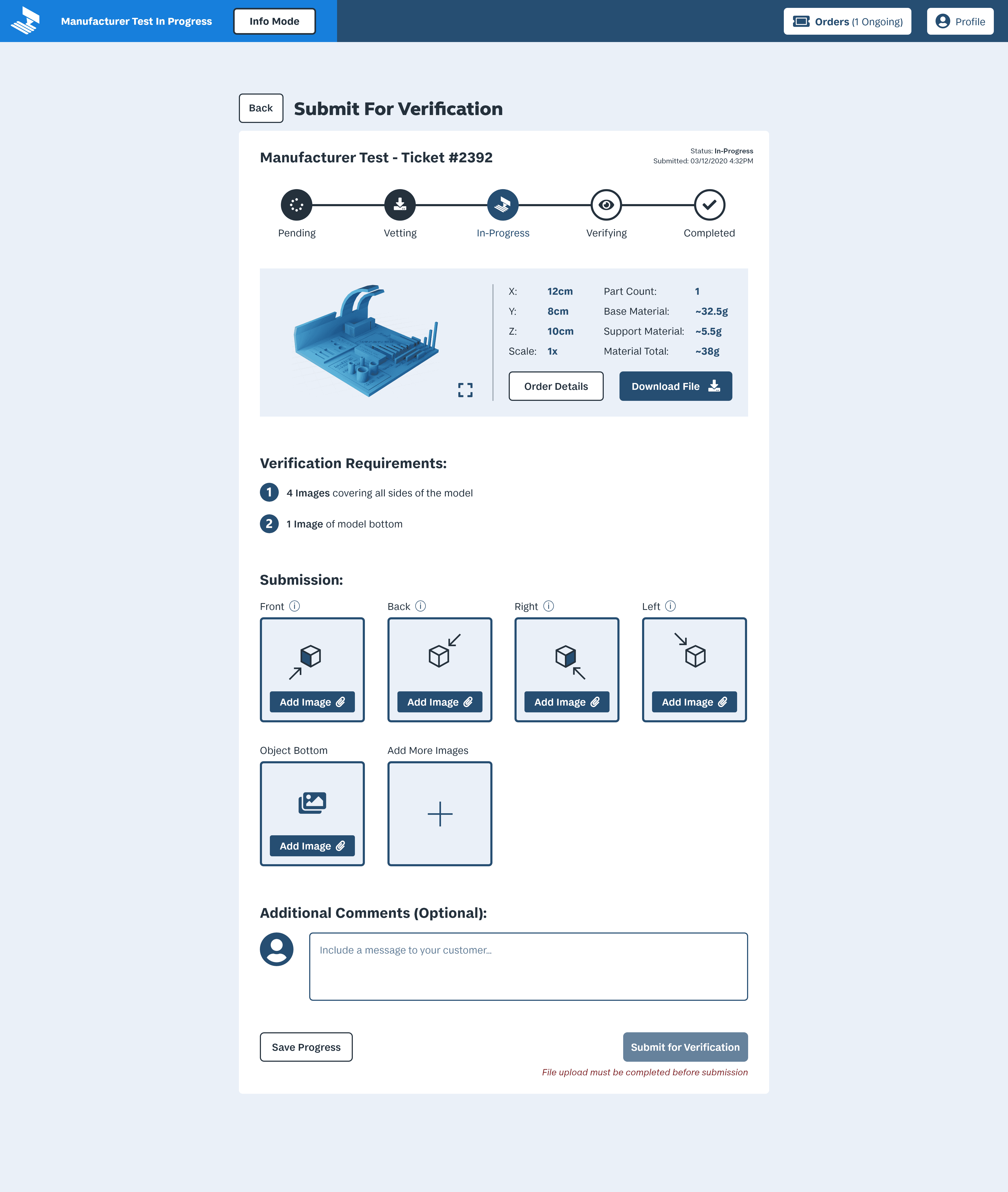 A screen for makers to submit 4 images of the printed object for customer verification.