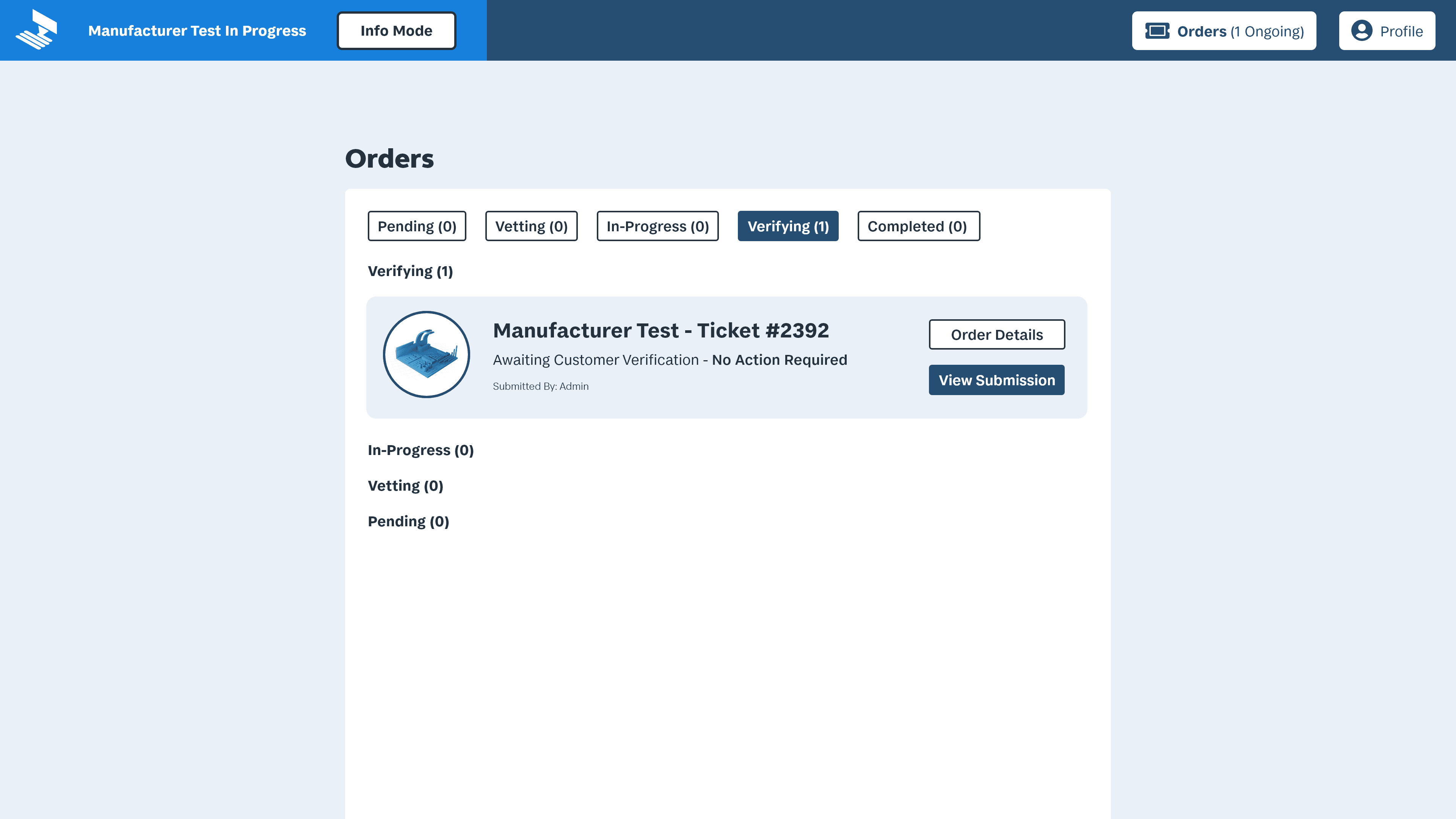 A reminder screen for makers that their job order has been submitted and they should wait for customer approval.