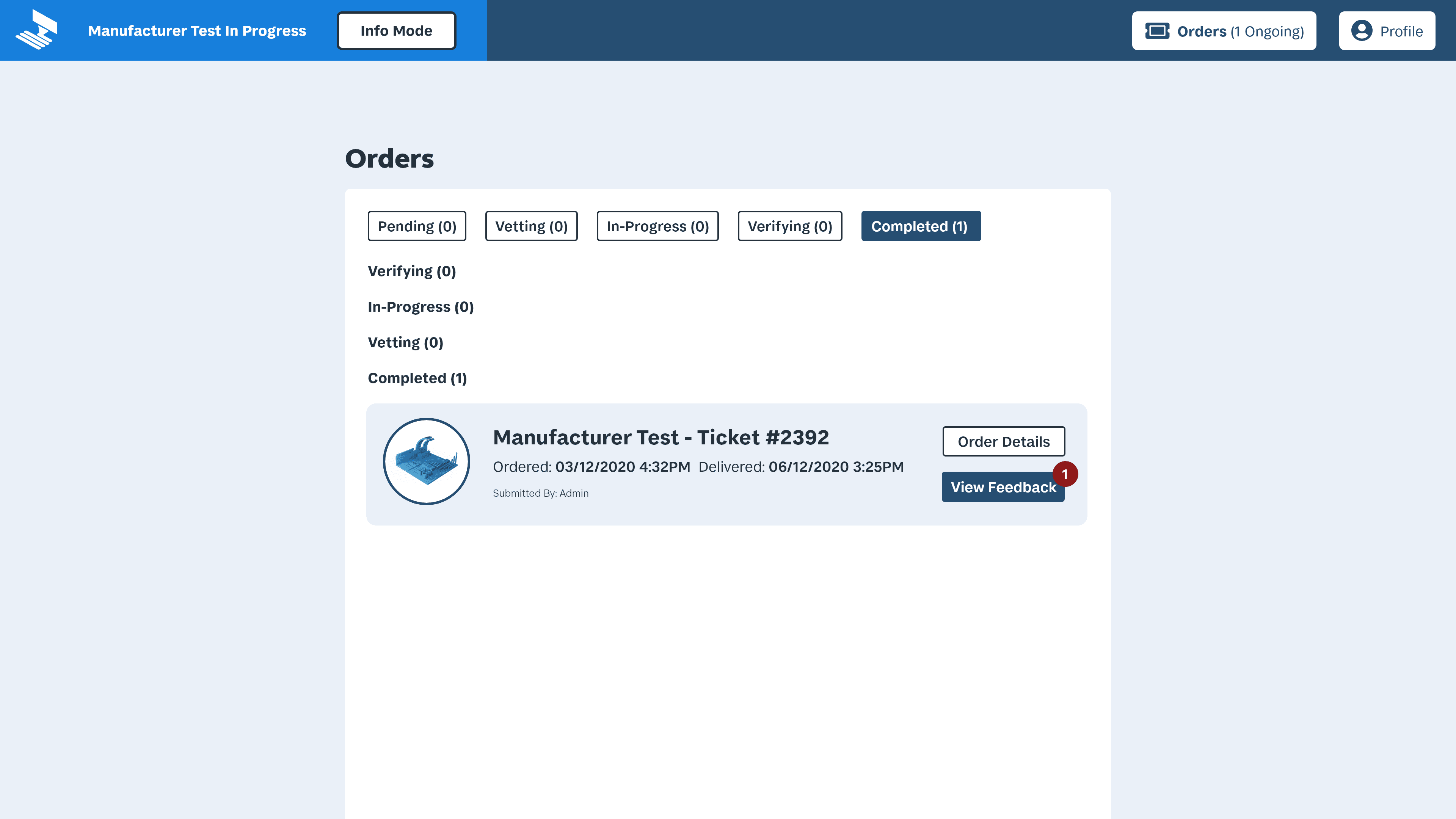A completed job ticket for makers to review their results, with an option to view feedback.